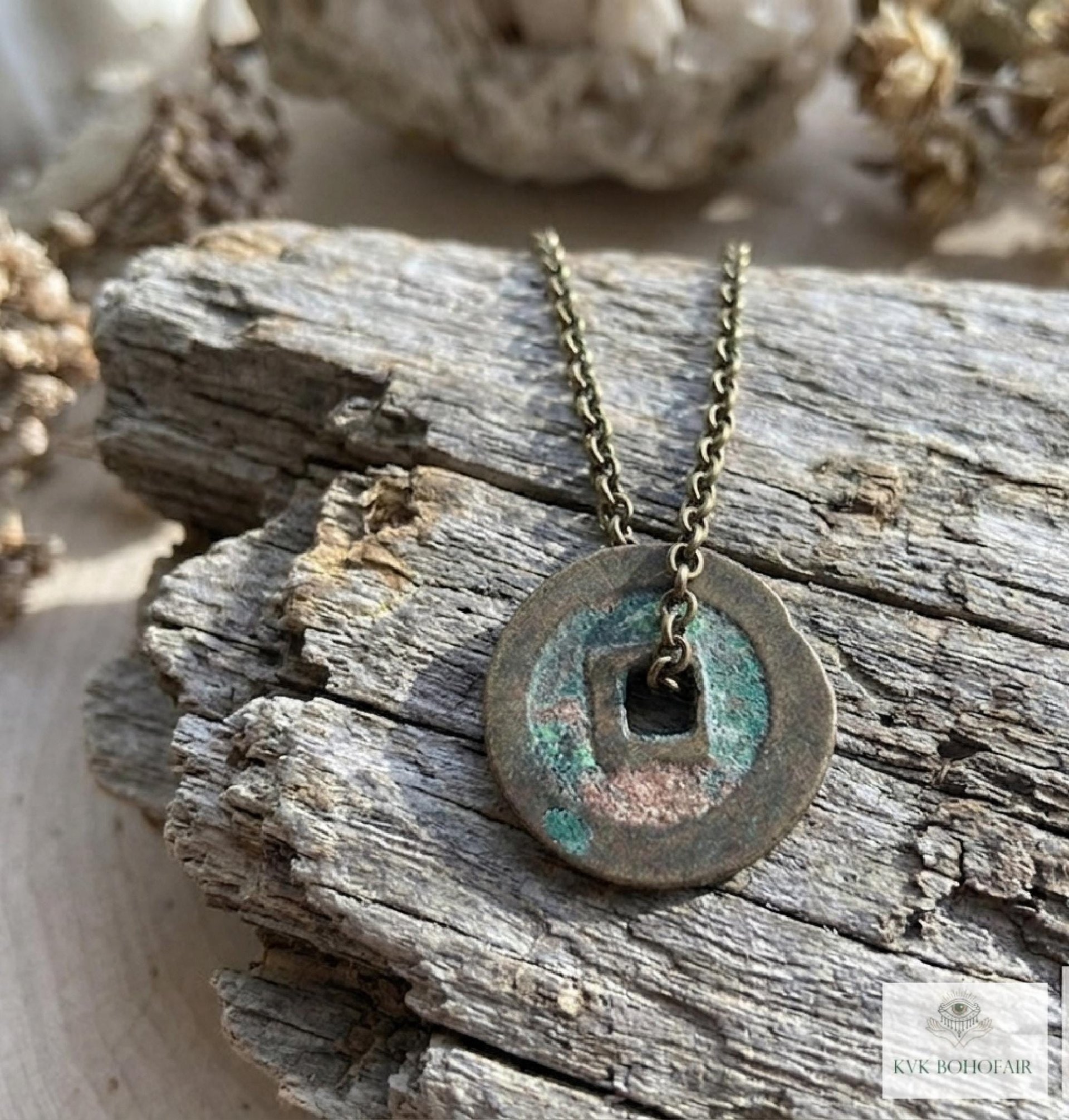 Antique Chinese Cash Coin Necklace, Feng Shui Good Fortune Pendant