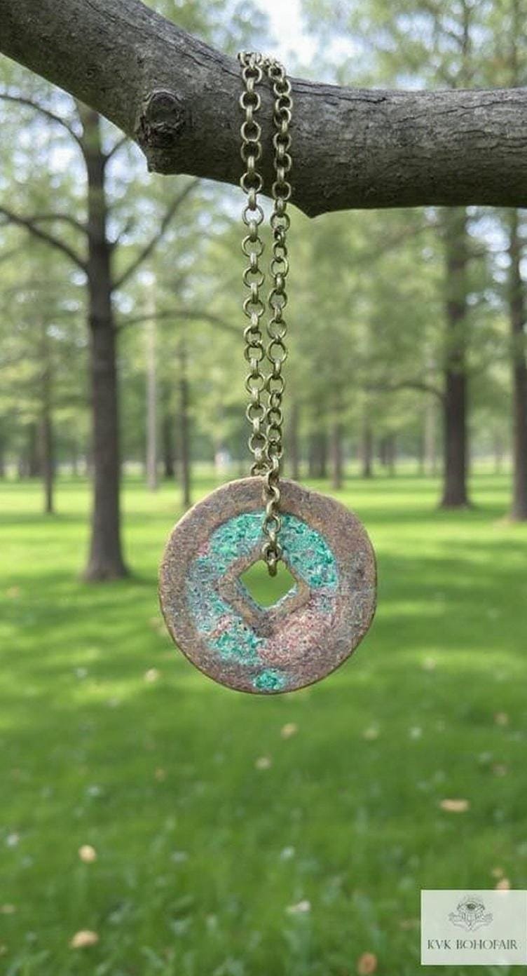 Antique Chinese Cash Coin Necklace, Feng Shui Good Fortune Pendant