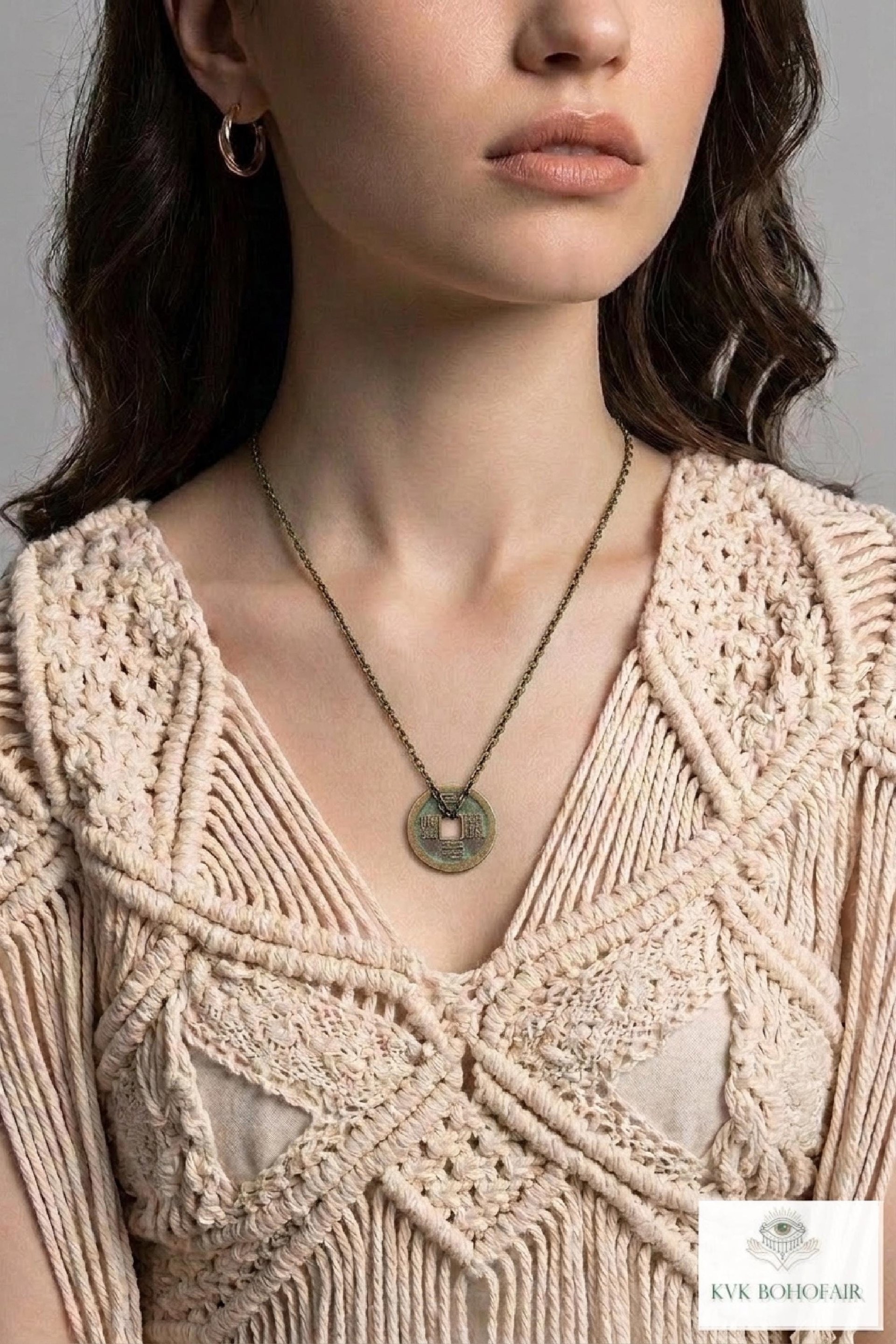 Antique Chinese Cash Coin Necklace, Feng Shui Good Fortune Pendant