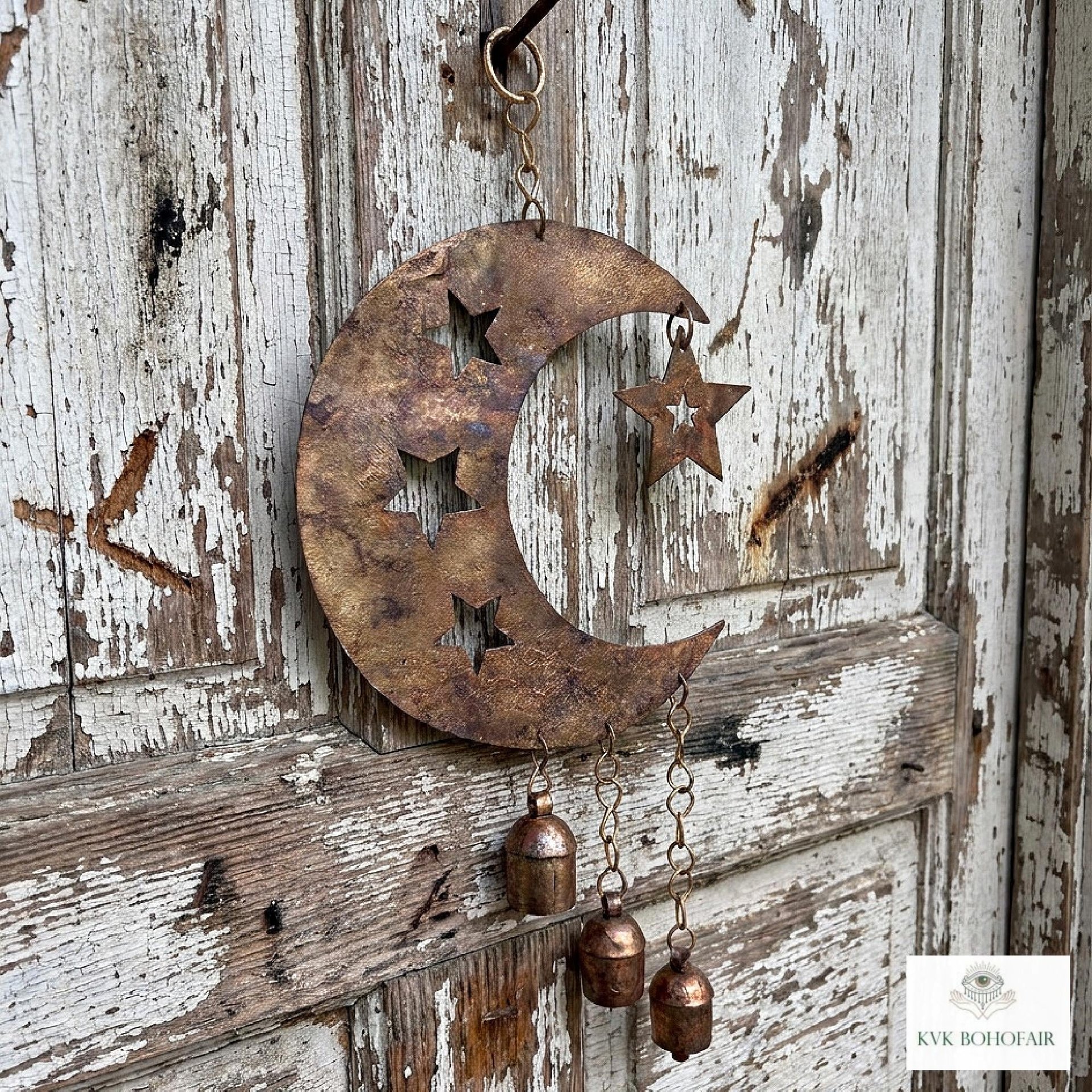 Crescent Moon and Stars with Hanging Bells Windchime - Artisan Metal Garden Decor Brass Bells