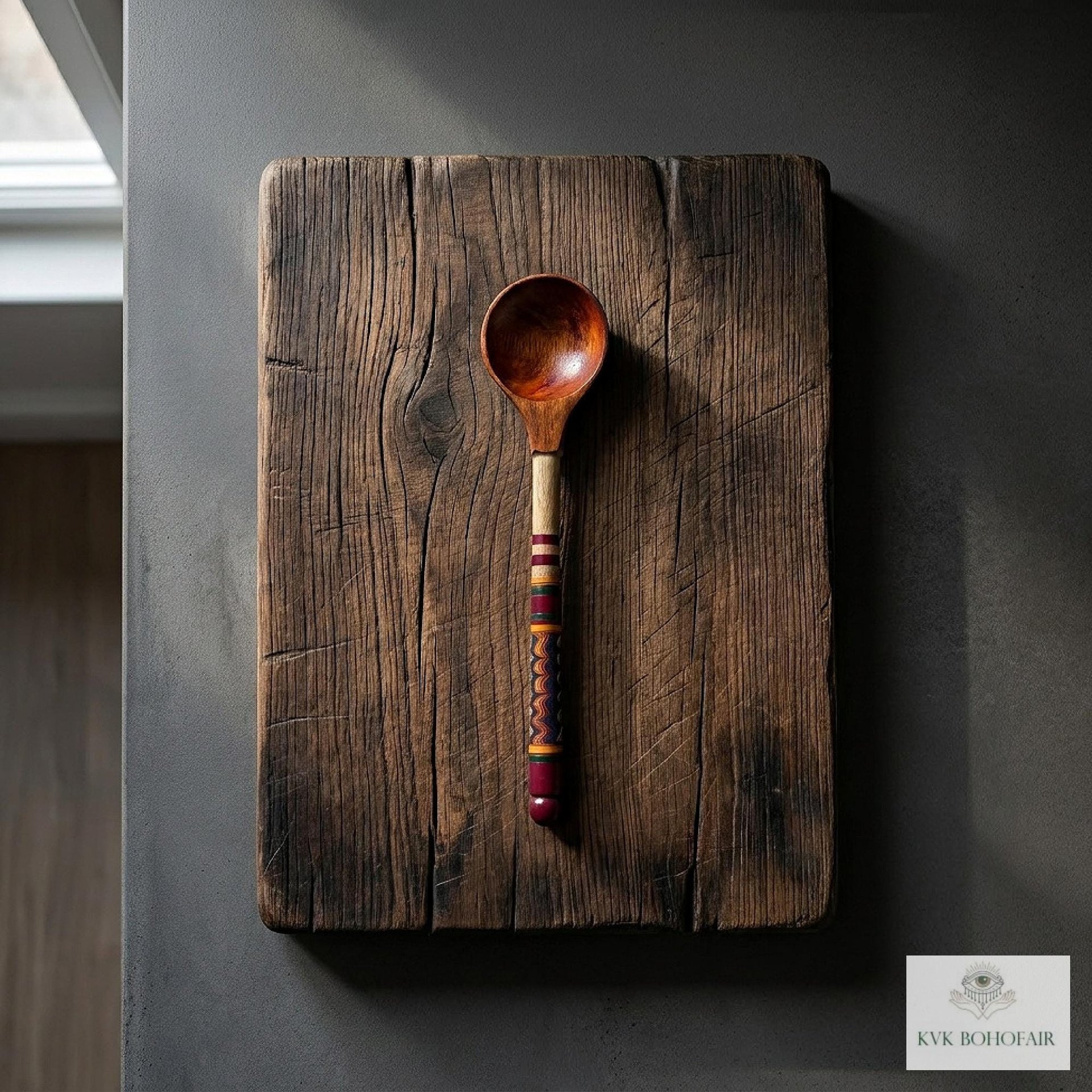 Hand-Turned Lacquerware Wood Spoon - Artisan Handcrafted Serving Scoop - Wooden Coffee Spoon, Colorful Boho Kitchen Decor Gift