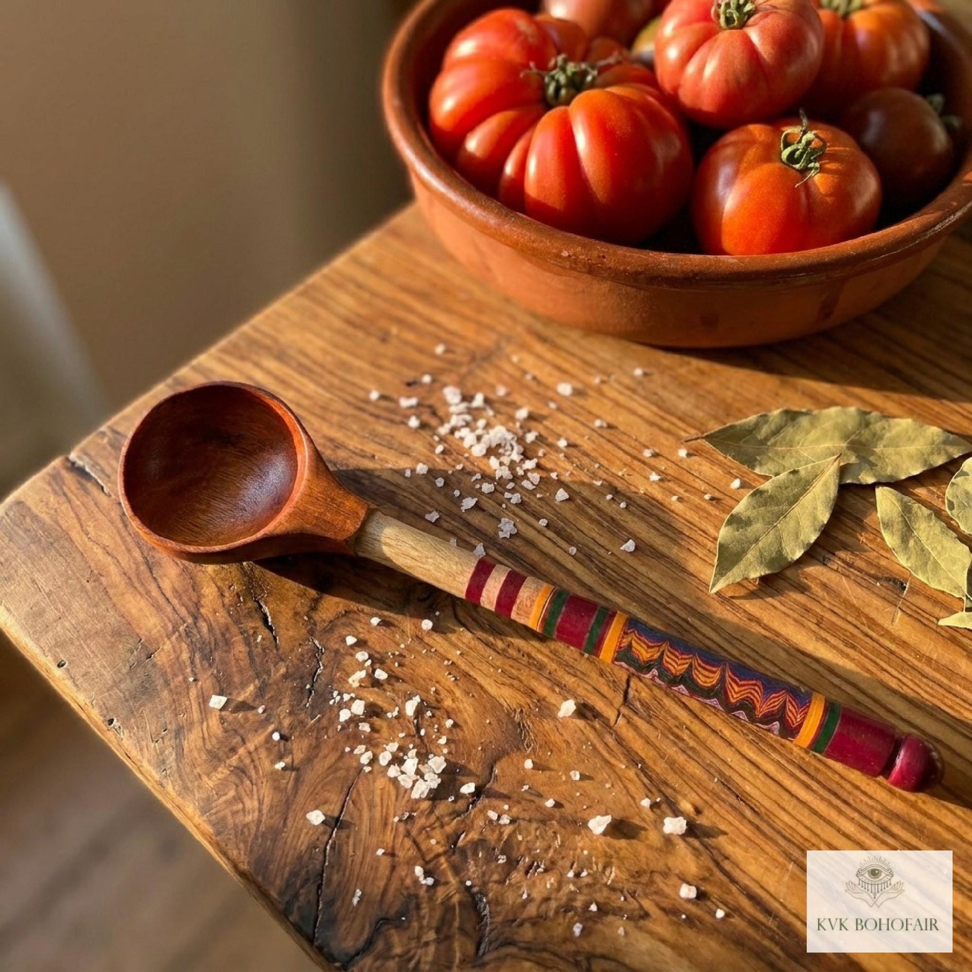Hand-Turned Lacquerware Wood Spoon - Artisan Handcrafted Serving Scoop - Wooden Coffee Spoon, Colorful Boho Kitchen Decor Gift