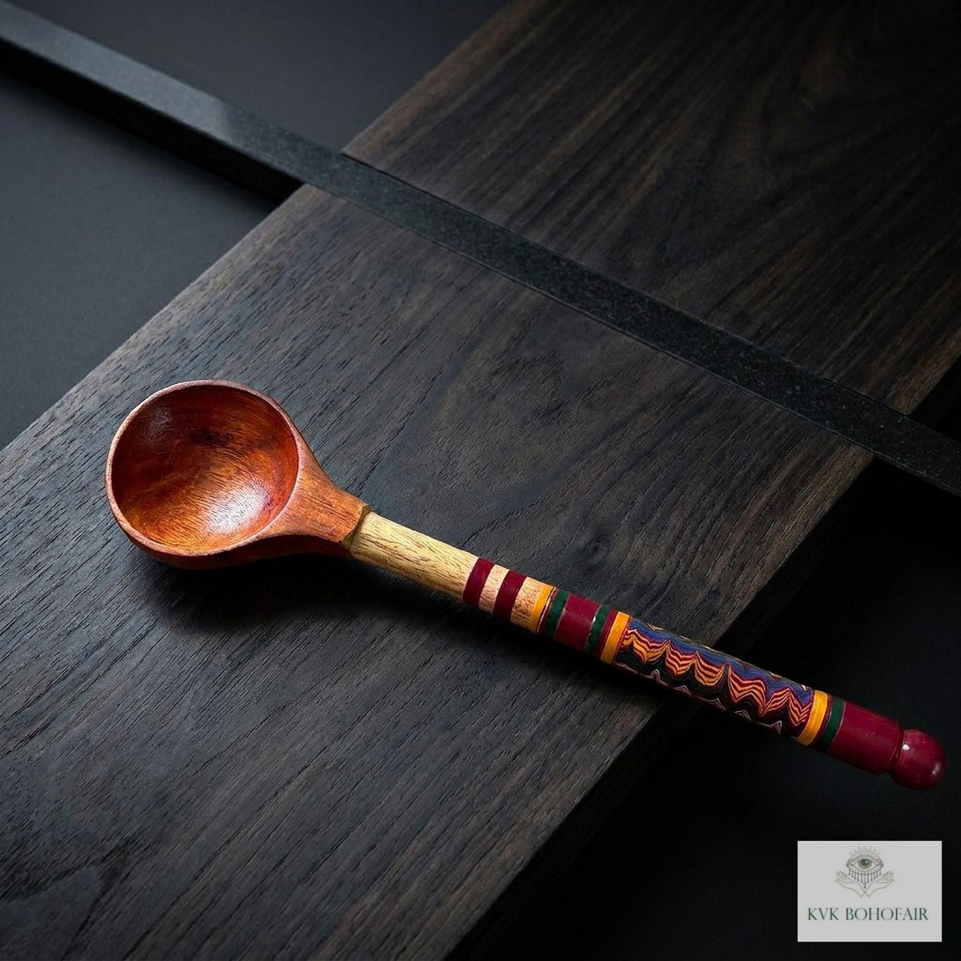 Hand-Turned Lacquerware Wood Spoon - Artisan Handcrafted Serving Scoop - Wooden Coffee Spoon, Colorful Boho Kitchen Decor Gift