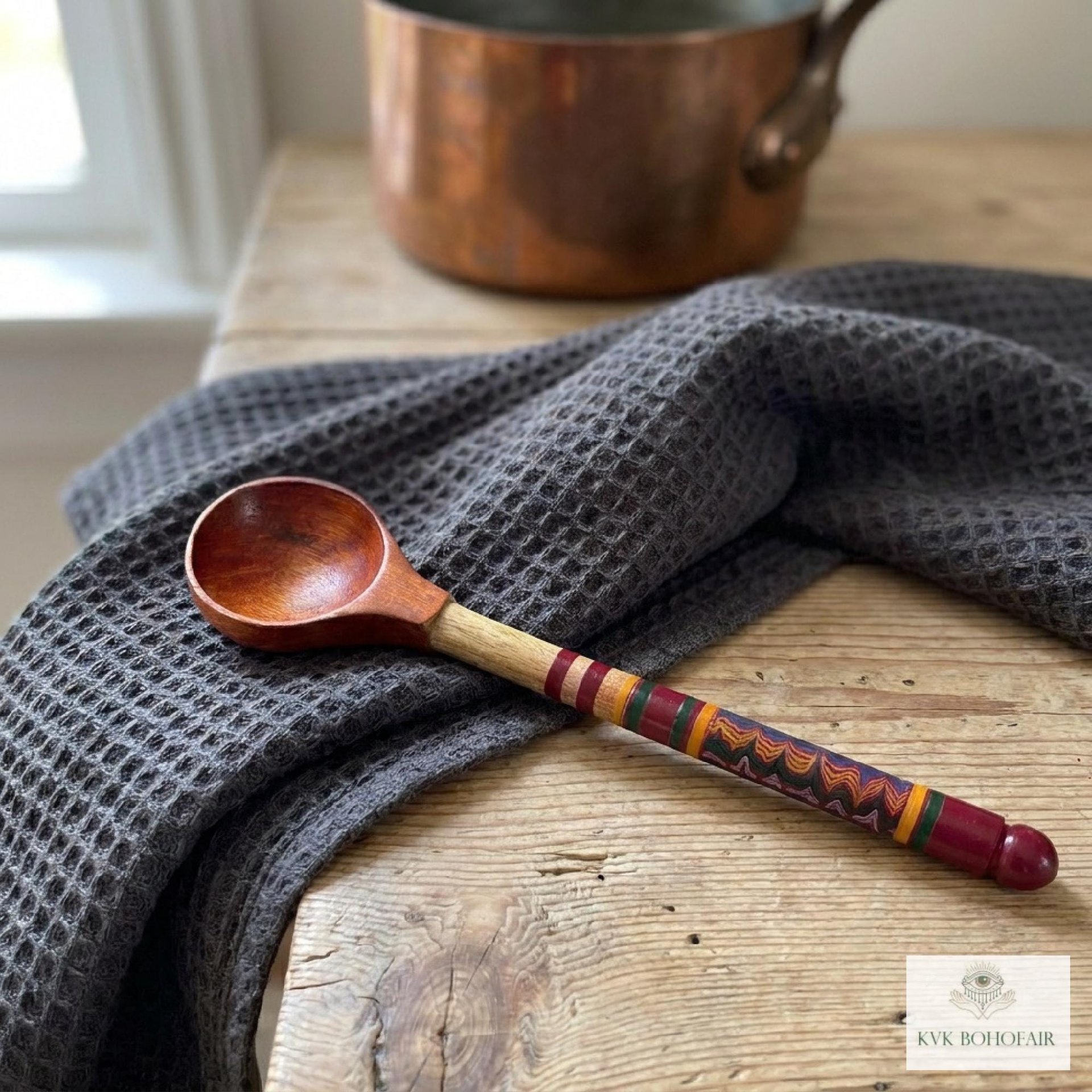Hand-Turned Lacquerware Wood Spoon - Artisan Handcrafted Serving Scoop - Wooden Coffee Spoon, Colorful Boho Kitchen Decor Gift