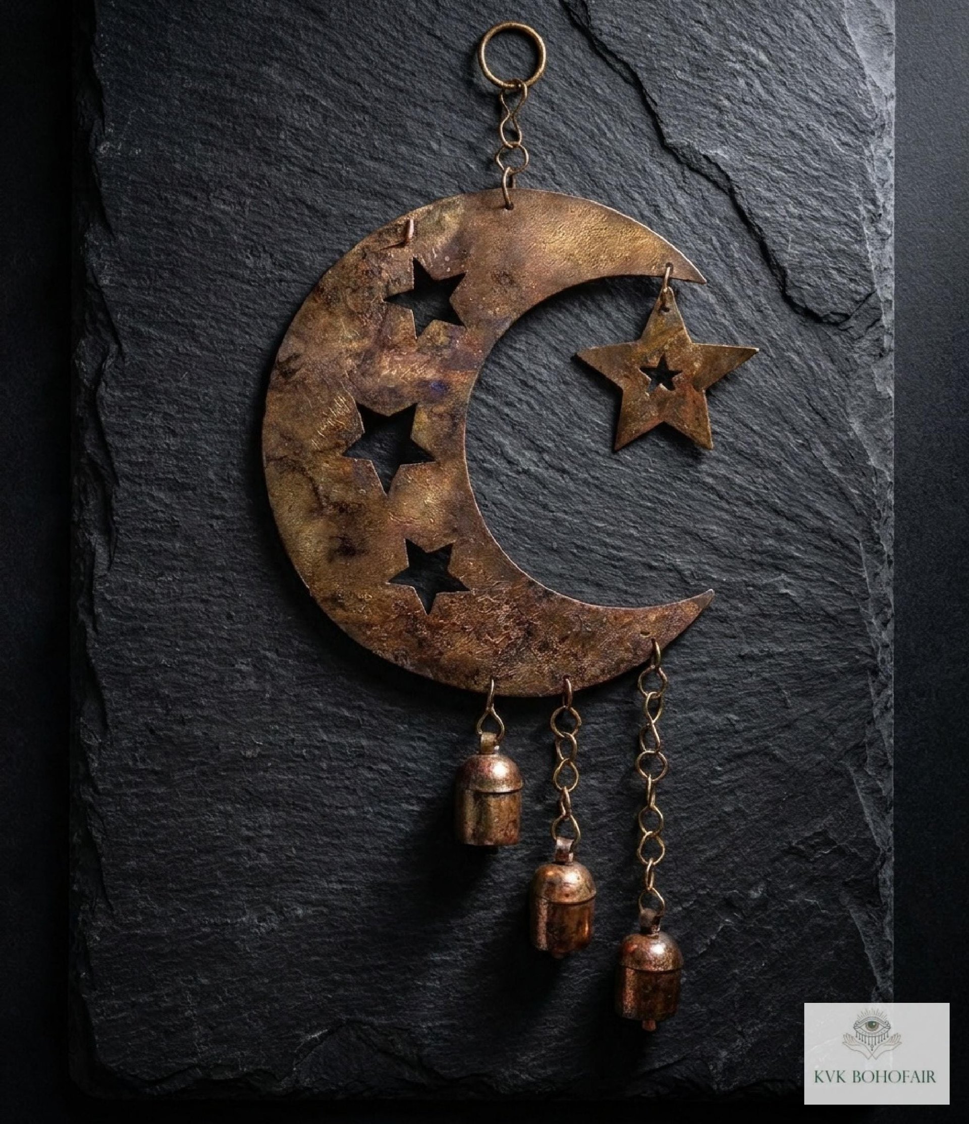 Crescent Moon and Stars with Hanging Bells Windchime - Artisan Metal Garden Decor Brass Bells