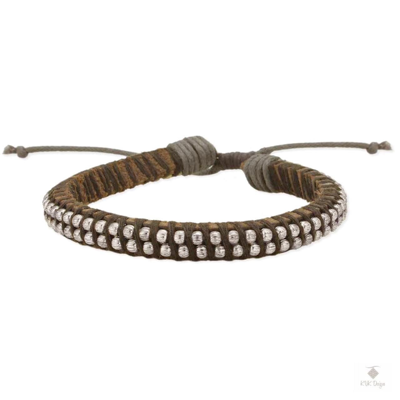 Mens Silver Bead Leather Bracelet