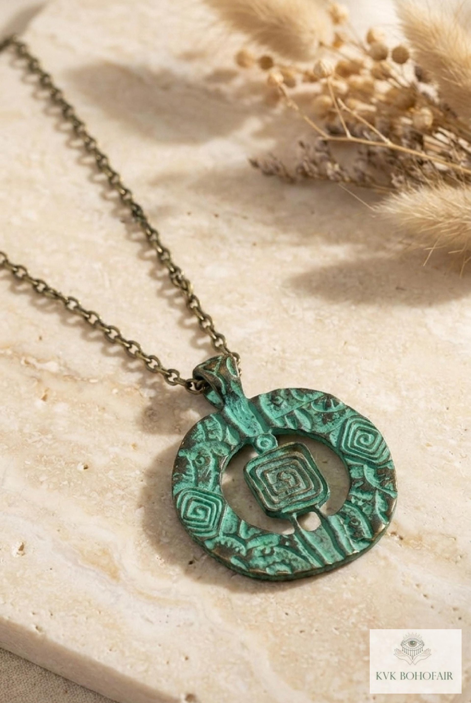 Brass Patina Circle Necklace, Boho Verdigris Pendant, Tribal Green Bronze Statement