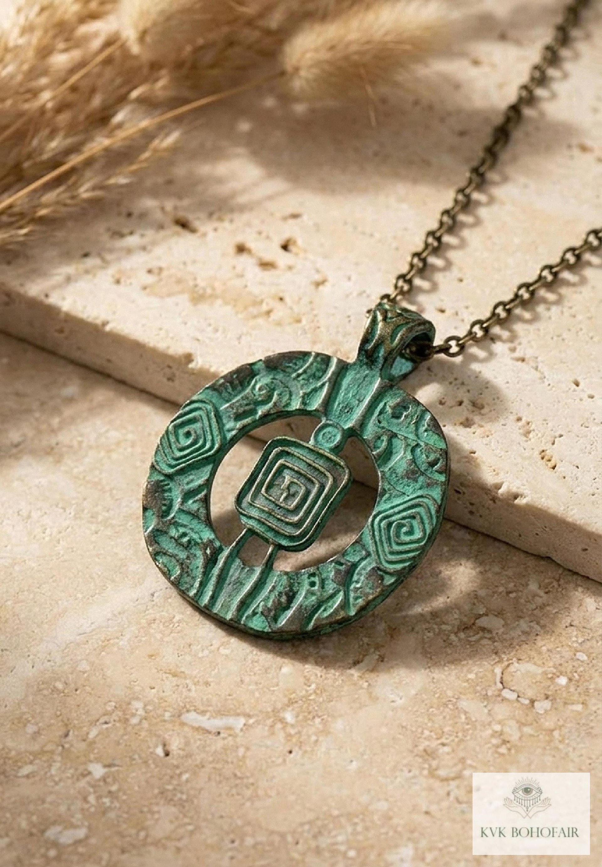 Brass Patina Circle Necklace, Boho Verdigris Pendant, Tribal Green Bronze Statement