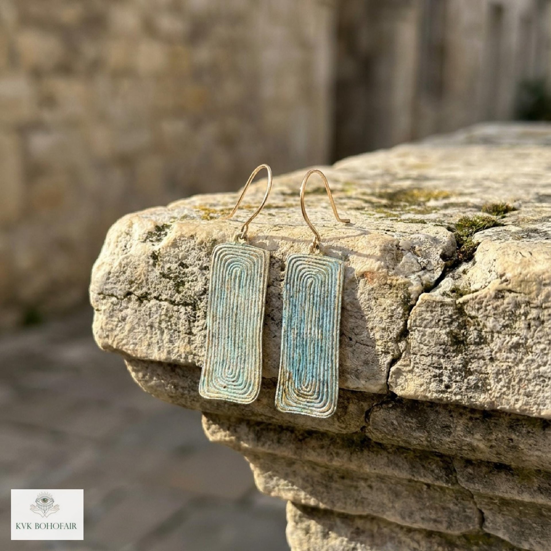 Handcrafted Brass Patina Earrings, Textured Rectangle Dangle Earrings, Rustic Verdigris Boho Jewelry