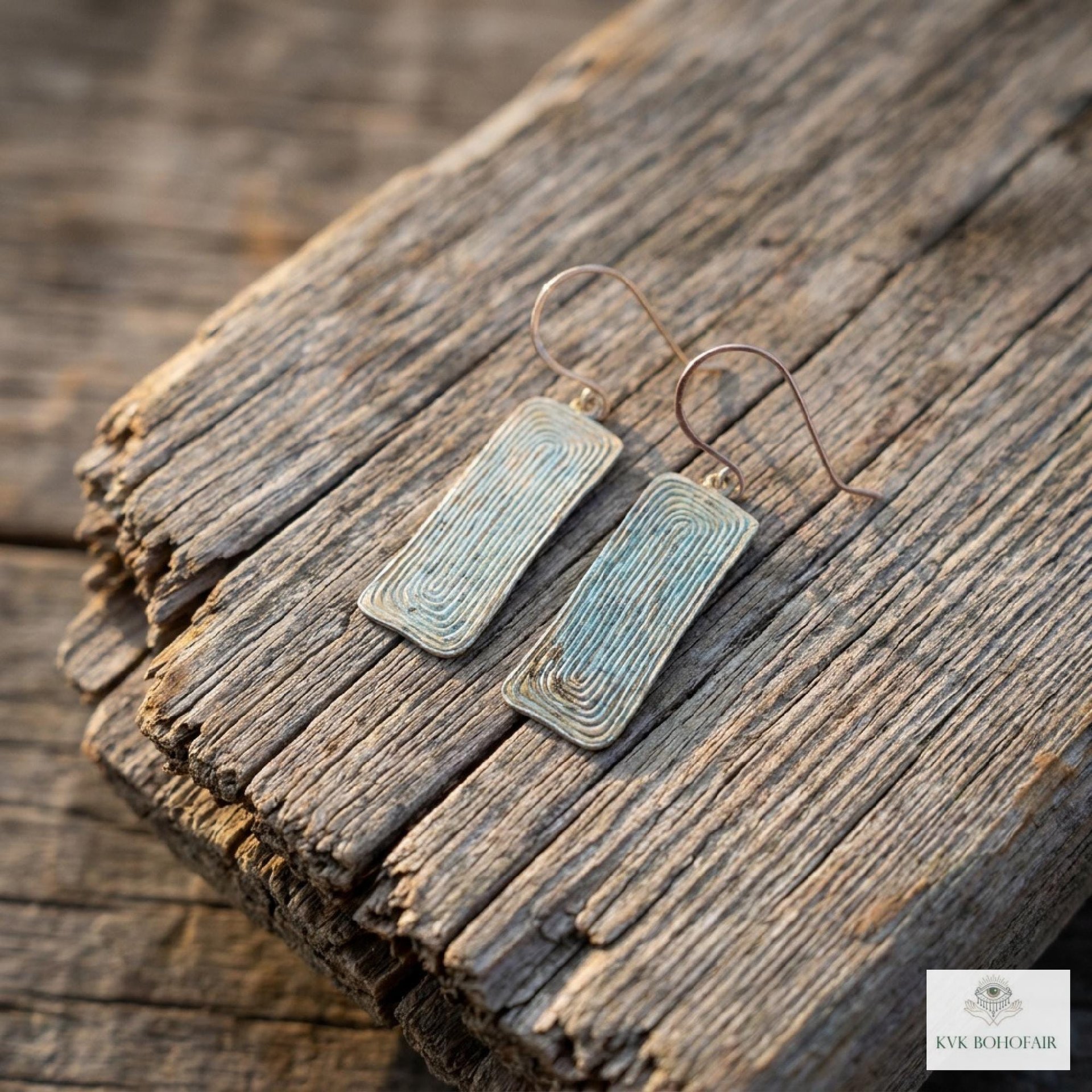 Handcrafted Brass Patina Earrings, Textured Rectangle Dangle Earrings, Rustic Verdigris Boho Jewelry