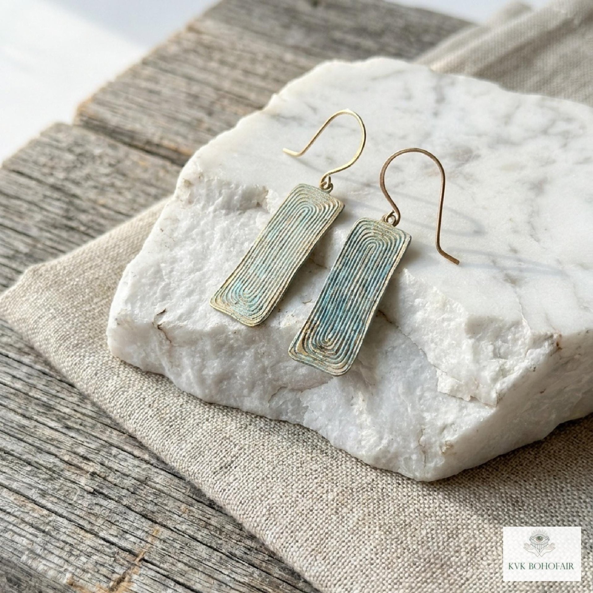 Handcrafted Brass Patina Earrings, Textured Rectangle Dangle Earrings, Rustic Verdigris Boho Jewelry