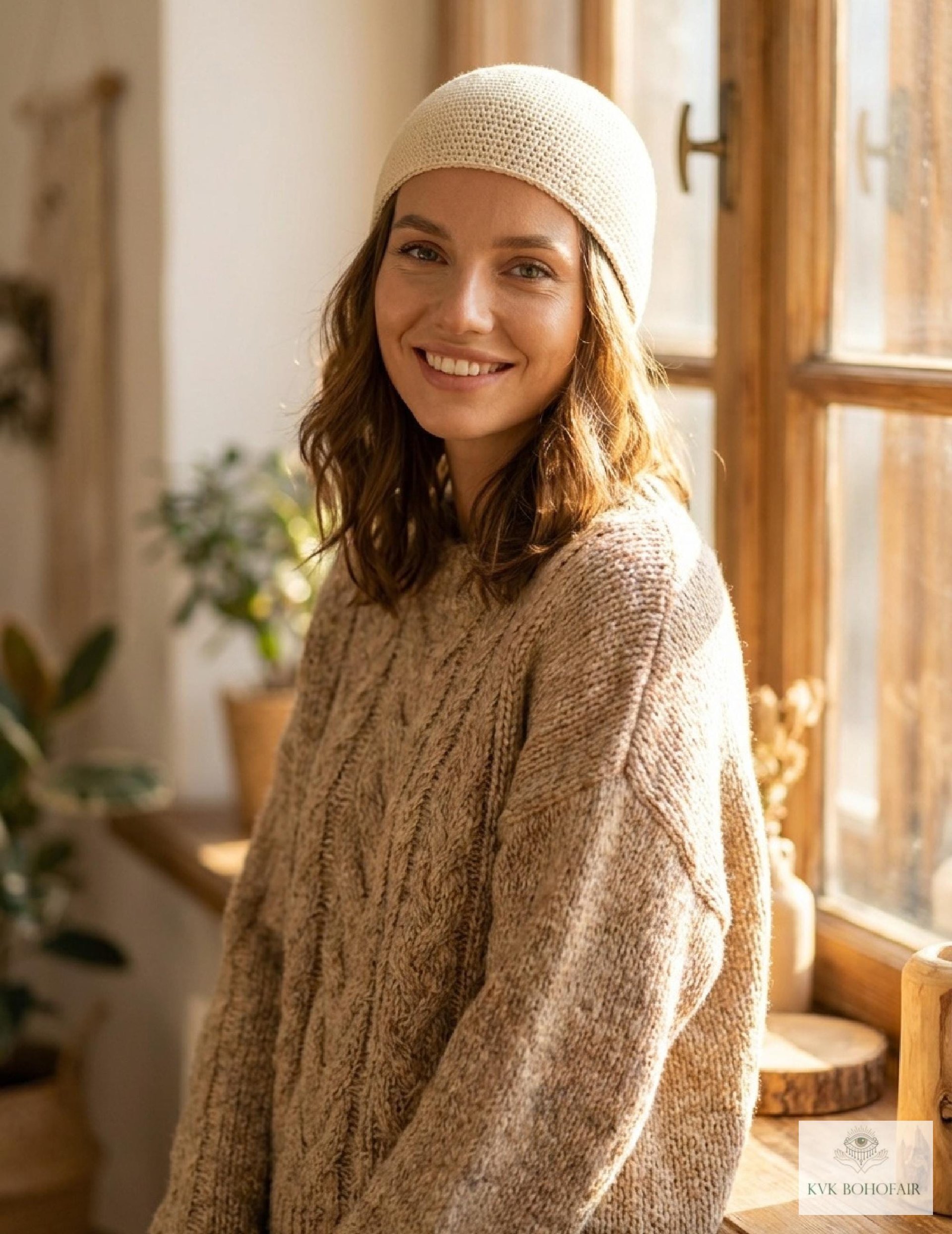 Cream Kufi Skull Cap - Crocheted Beanie Hat, Ethically sourced
