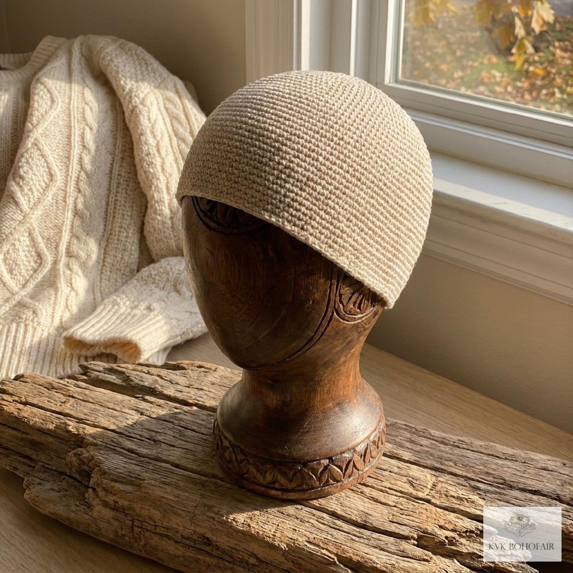 Cream Kufi Skull Cap - Crocheted Beanie Hat, Ethically sourced