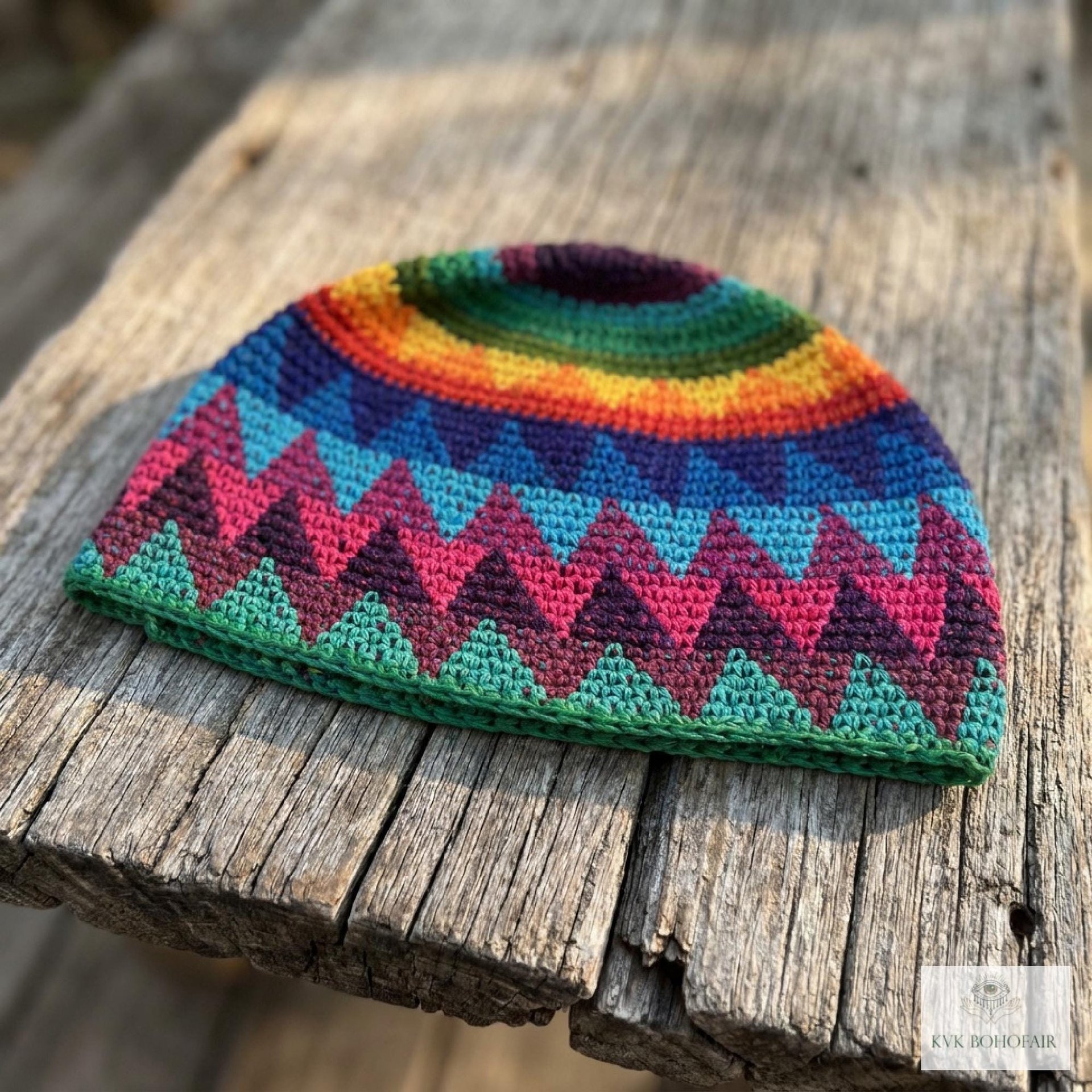 Rainbow Kufi Skull Cap - Crocheted Beanie Hat, Ethically sourced