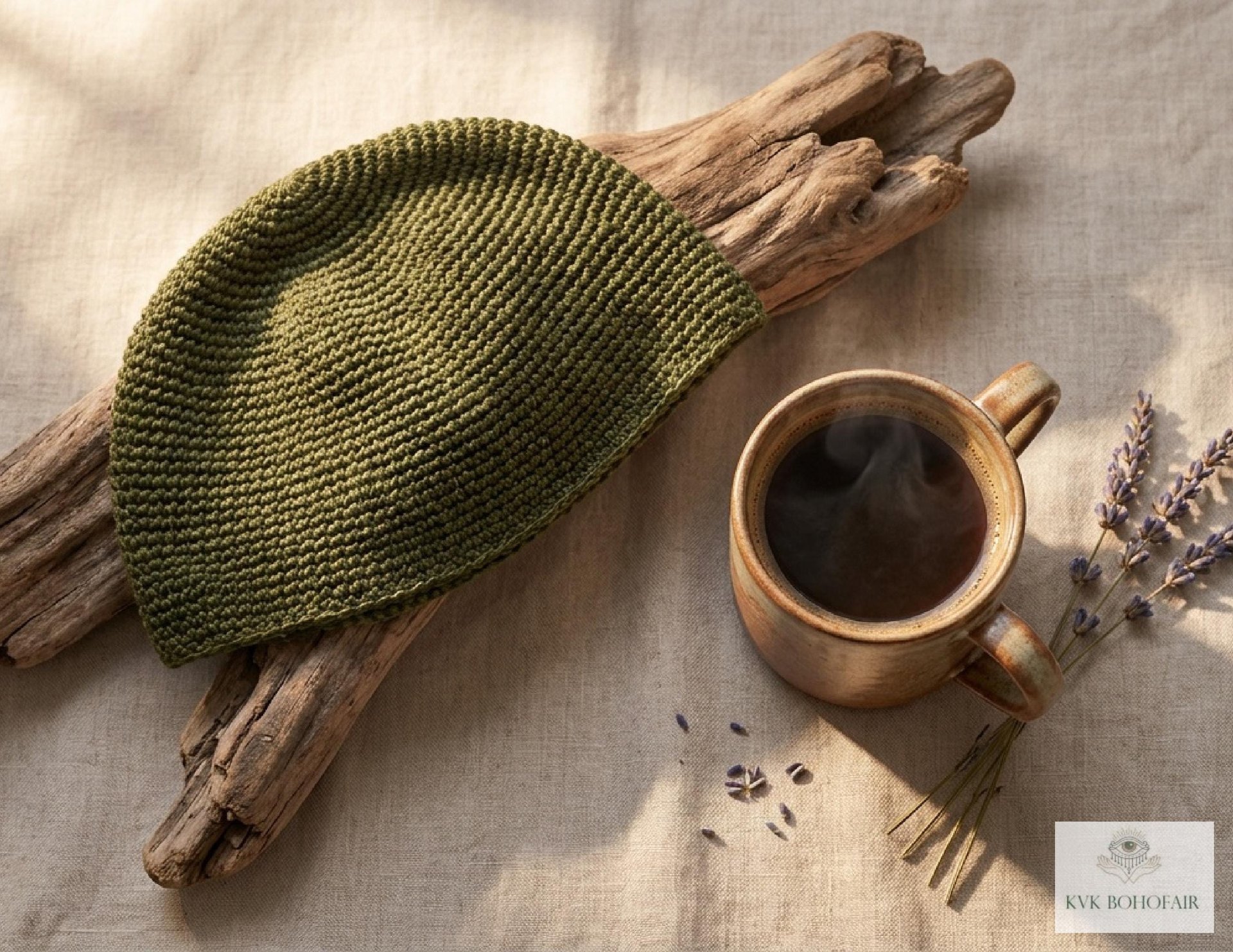 Olive Green Kufi Skull Cap - Crocheted Beanie Hat, Ethically sourced