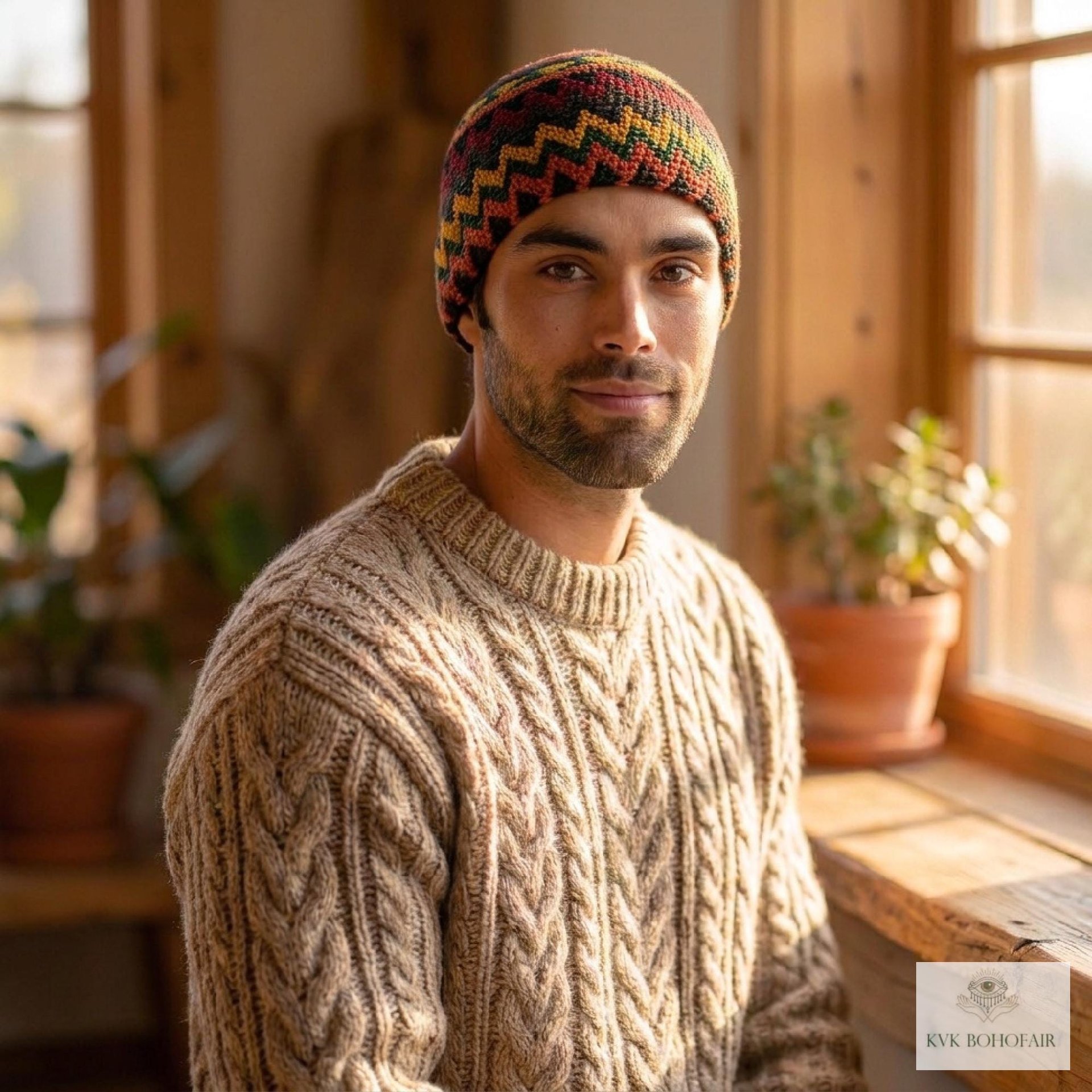 Earth Zig Zag Kufi Skull Cap - Crocheted Beanie Hat, Ethically sourced