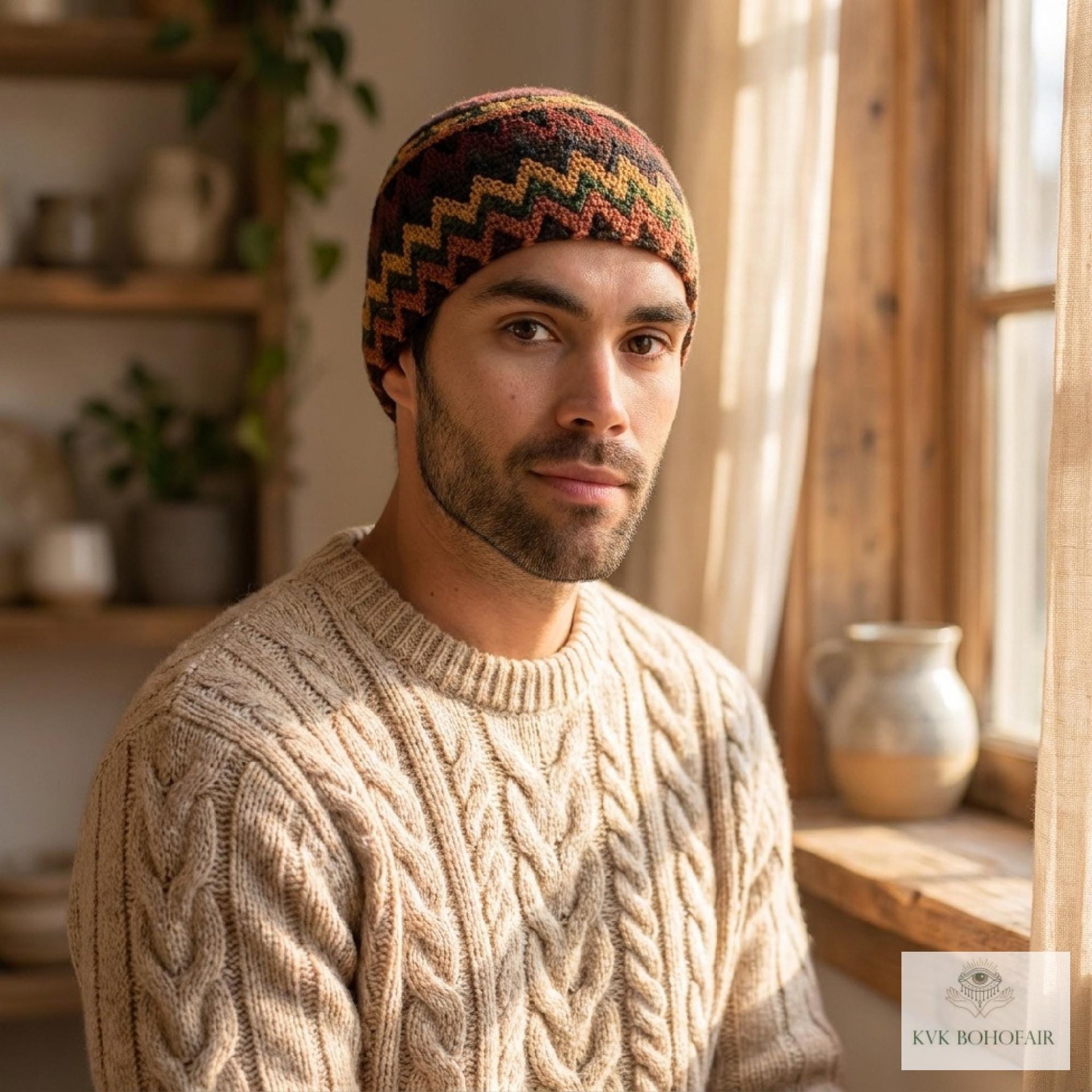 Earth Zig Zag Kufi Skull Cap - Crocheted Beanie Hat, Ethically sourced