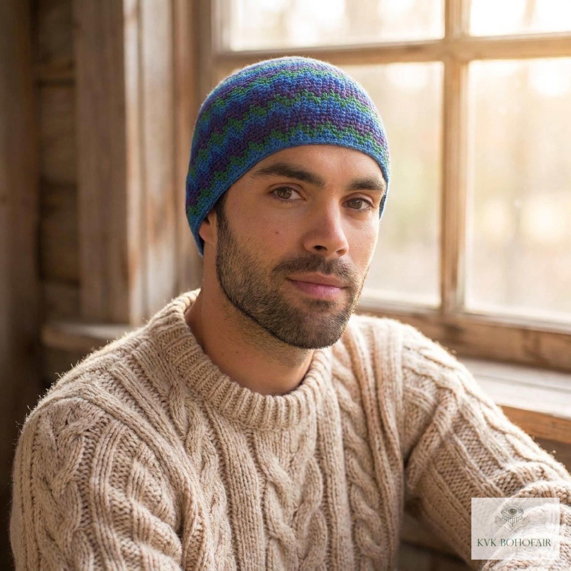 Blue Zig Zag Kufi Skull Cap - Crocheted Beanie Hat, Ethically sourced