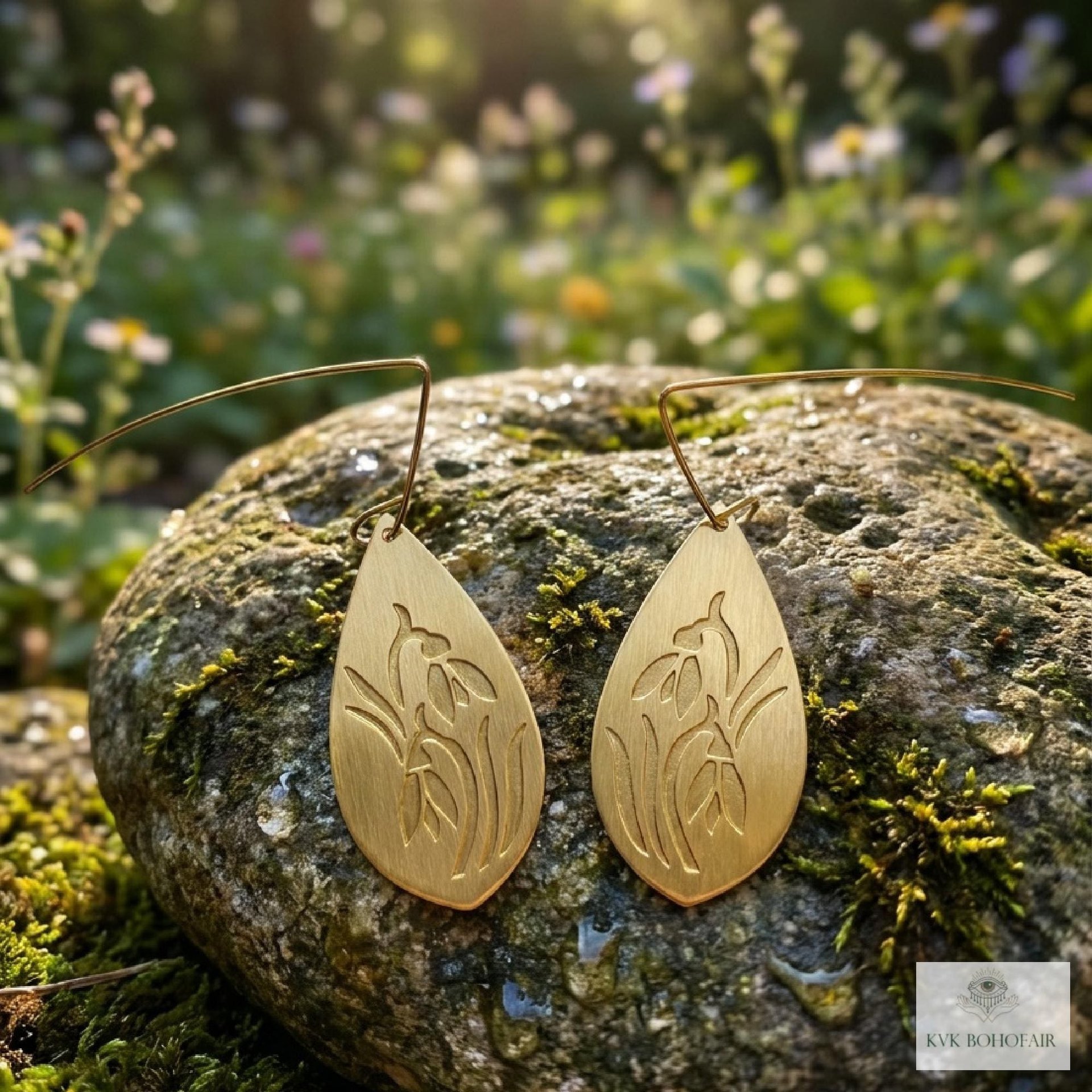 Handcrafted Brass Flower Drop Threader Earrings - Botanical Leaf Dangles