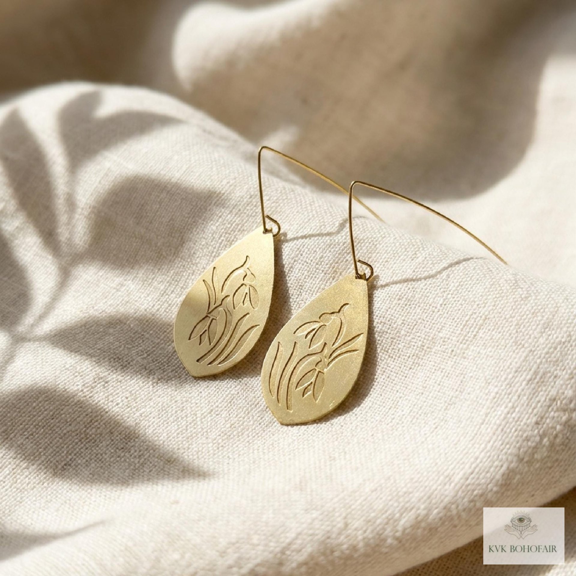 Handcrafted Brass Flower Drop Threader Earrings - Botanical Leaf Dangles