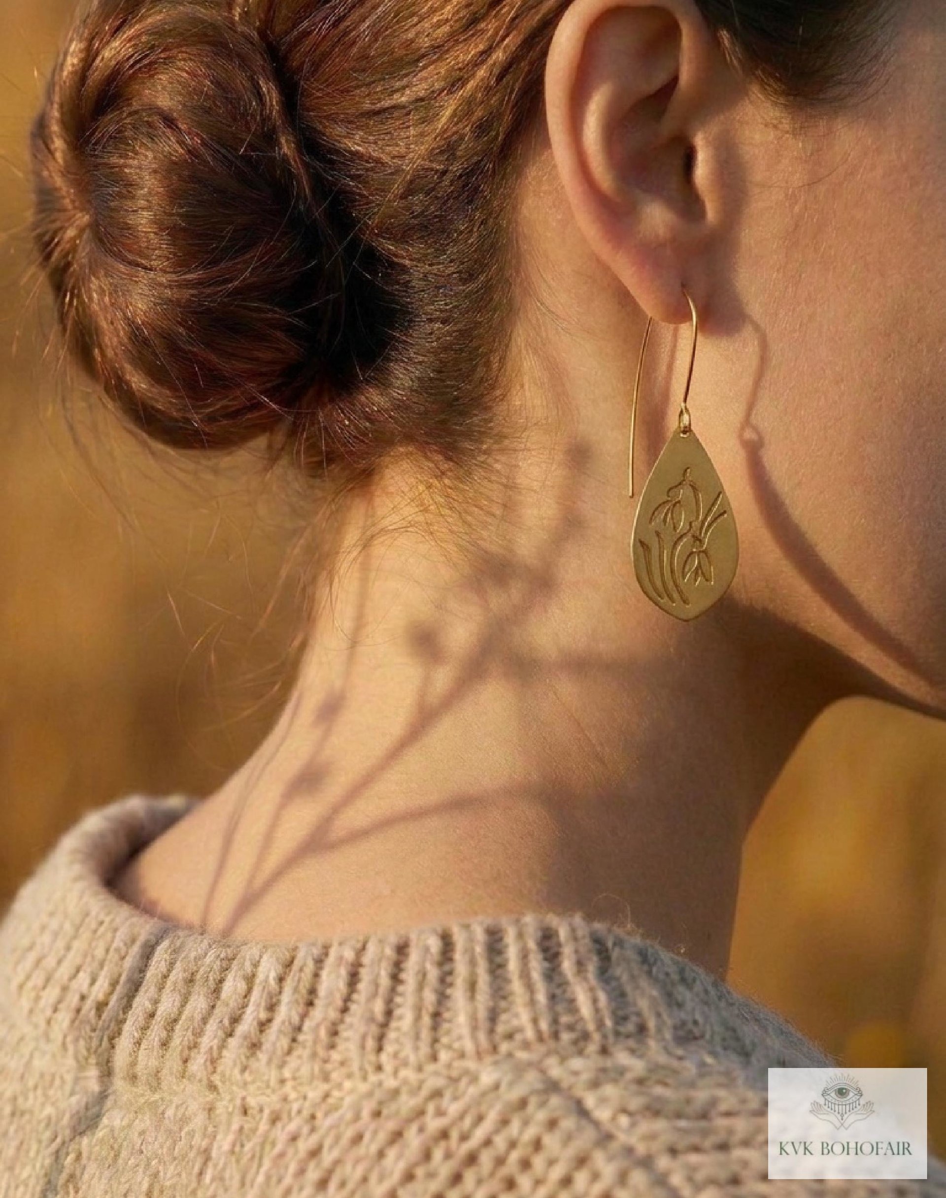 Handcrafted Brass Flower Drop Threader Earrings - Botanical Leaf Dangles