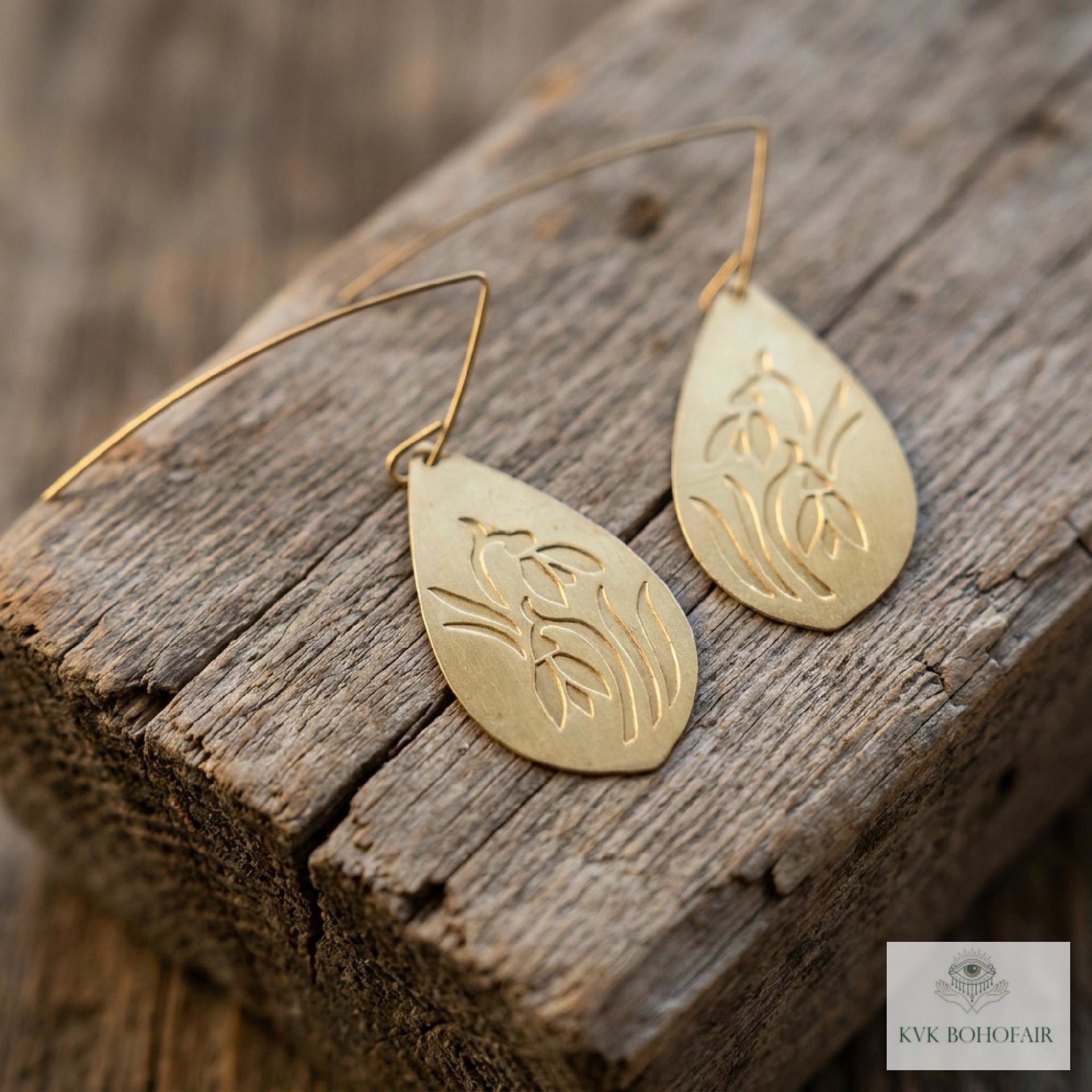 Handcrafted Brass Flower Drop Threader Earrings - Botanical Leaf Dangles