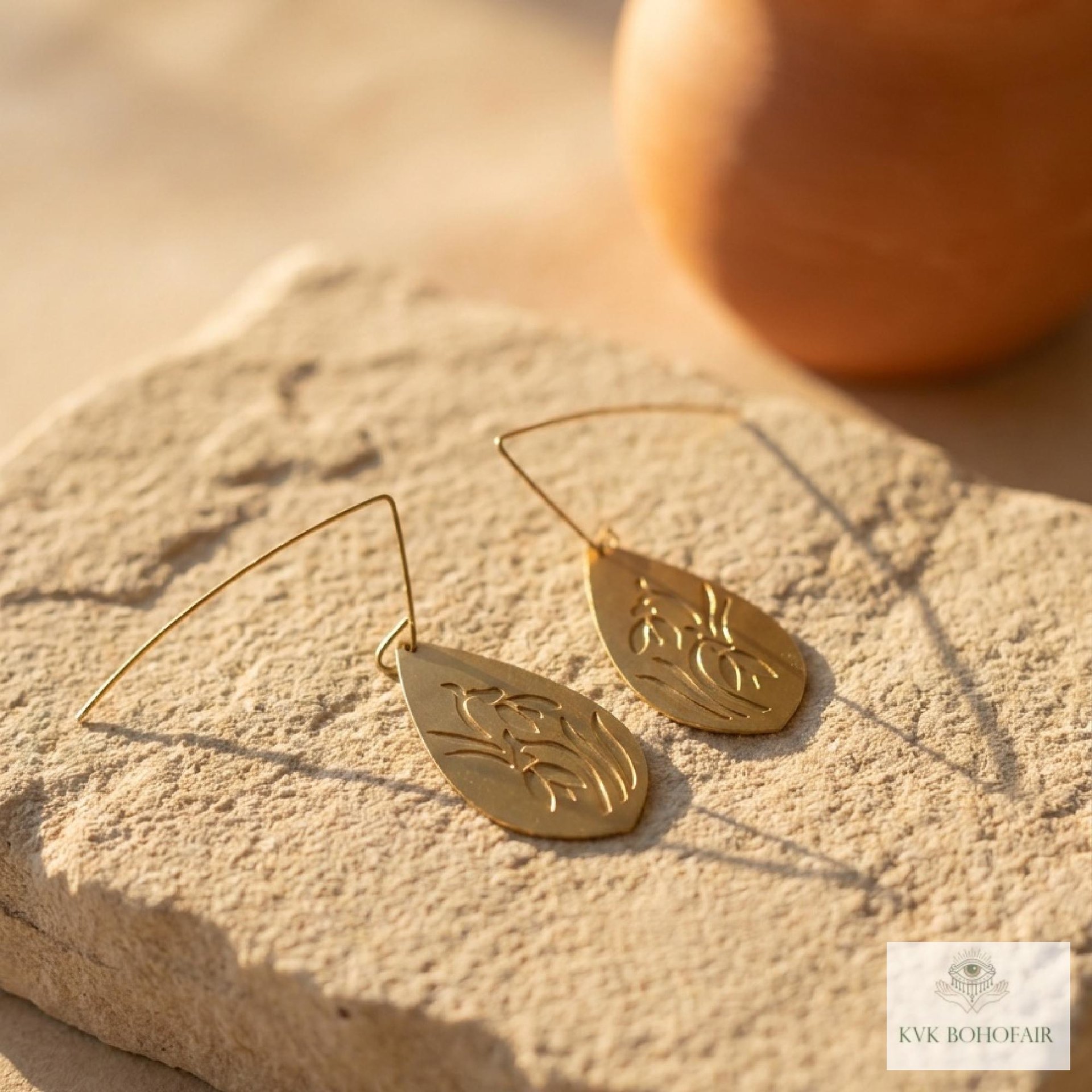 Handcrafted Brass Flower Drop Threader Earrings - Botanical Leaf Dangles