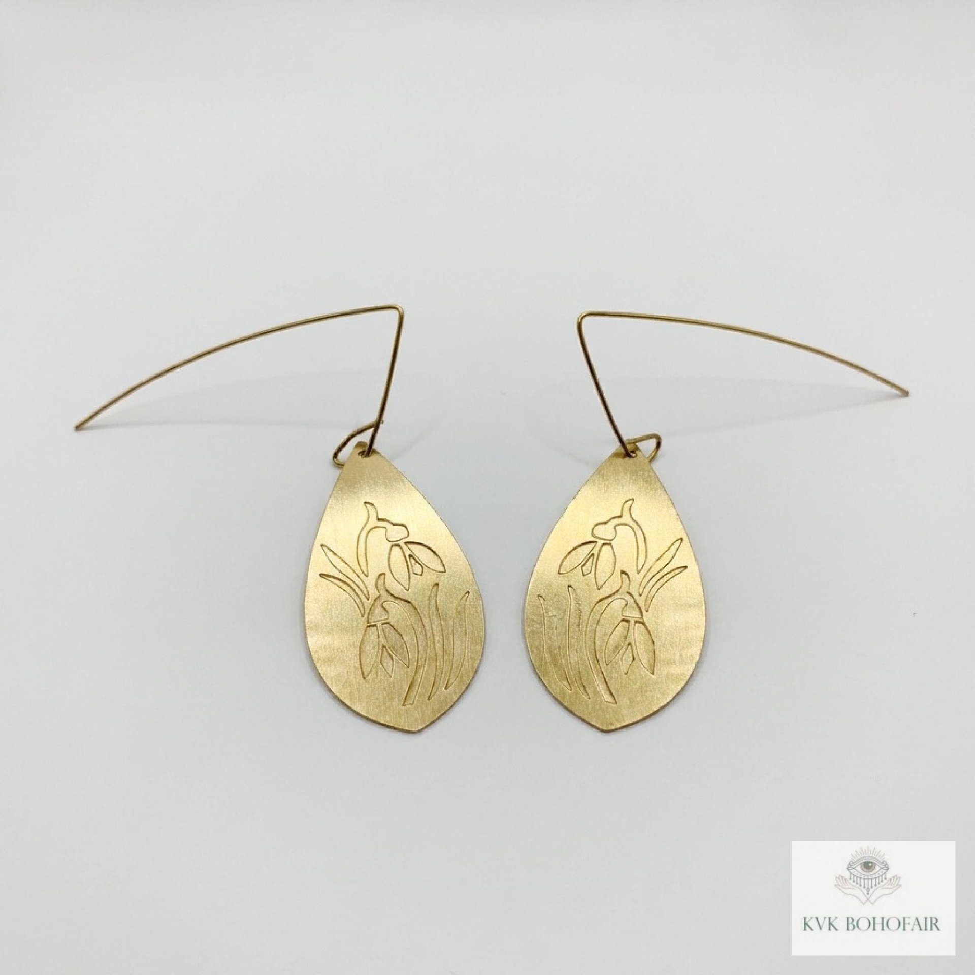 Handcrafted Brass Flower Drop Threader Earrings - Botanical Leaf Dangles