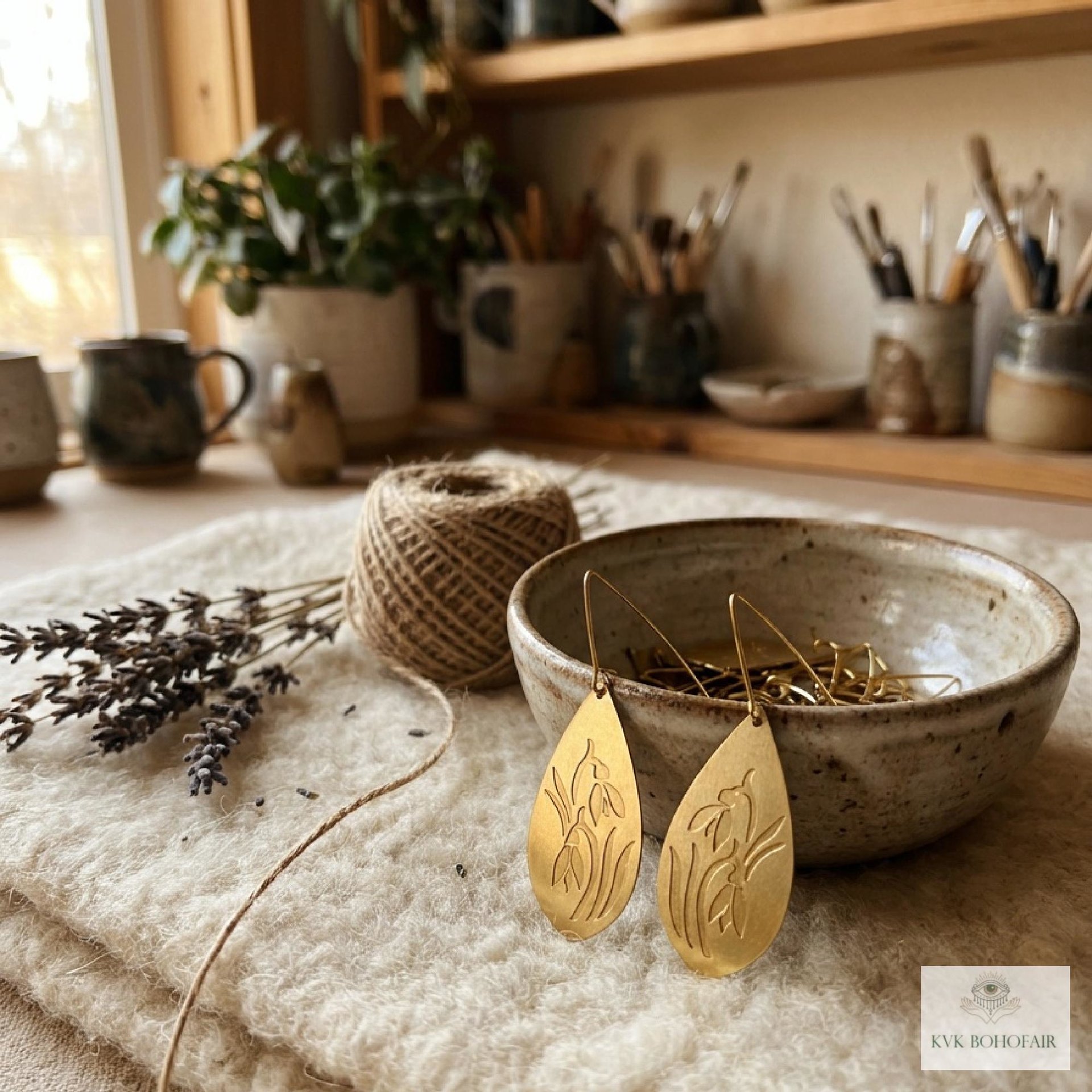 Handcrafted Brass Flower Drop Threader Earrings - Botanical Leaf Dangles