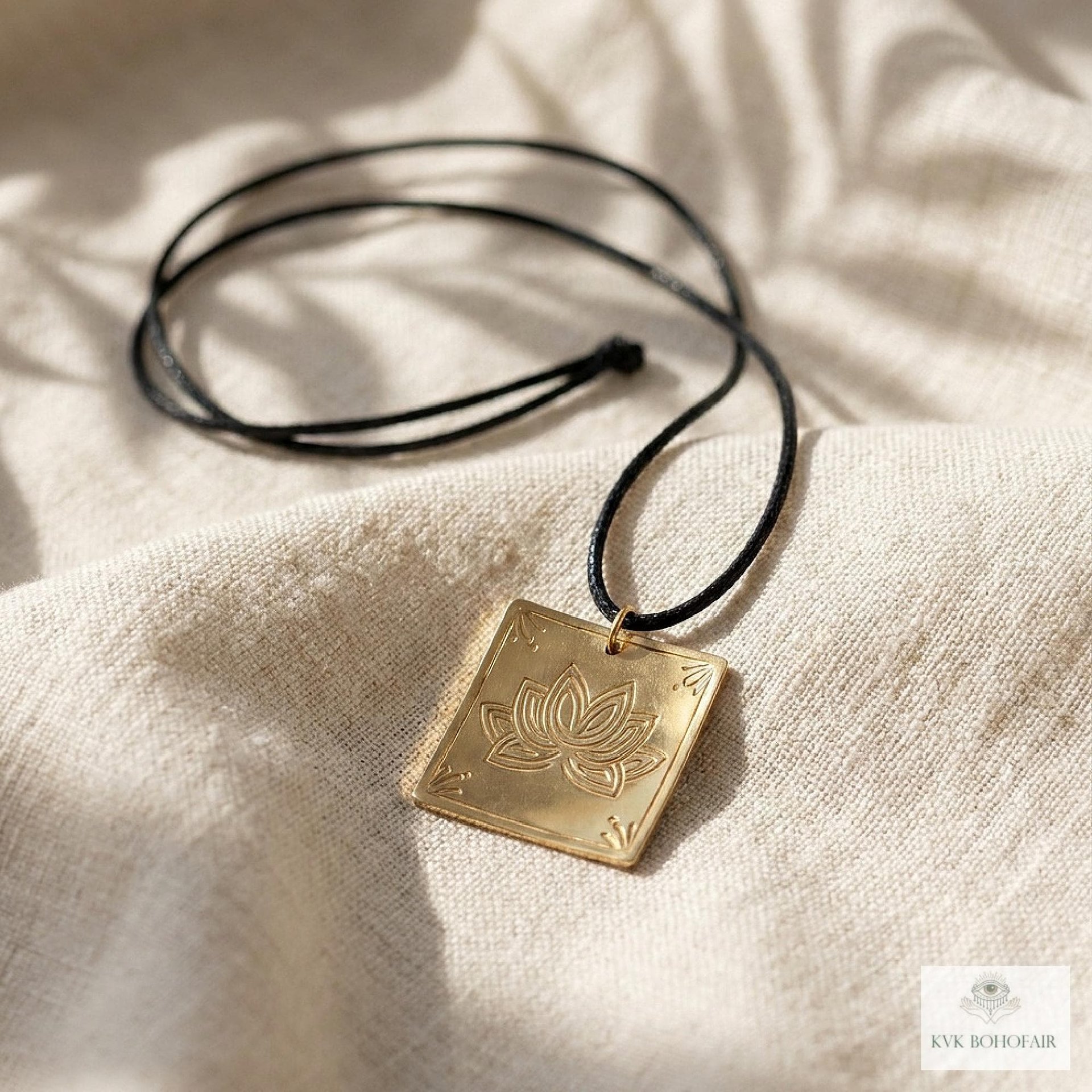 Square Brass Lotus Flower Necklace - Tie Back Minimalist Choker