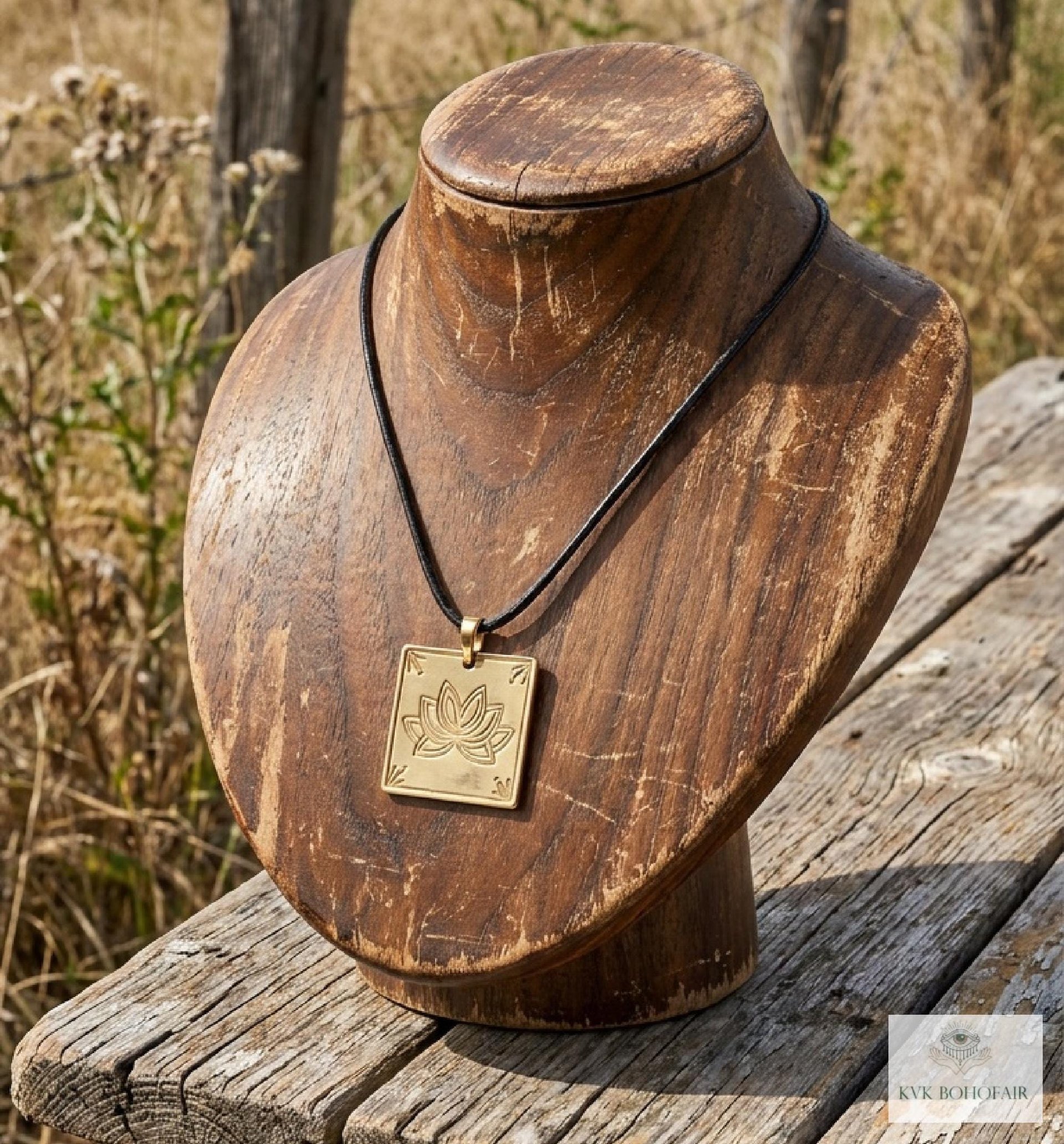 Square Brass Lotus Flower Necklace - Tie Back Minimalist Choker