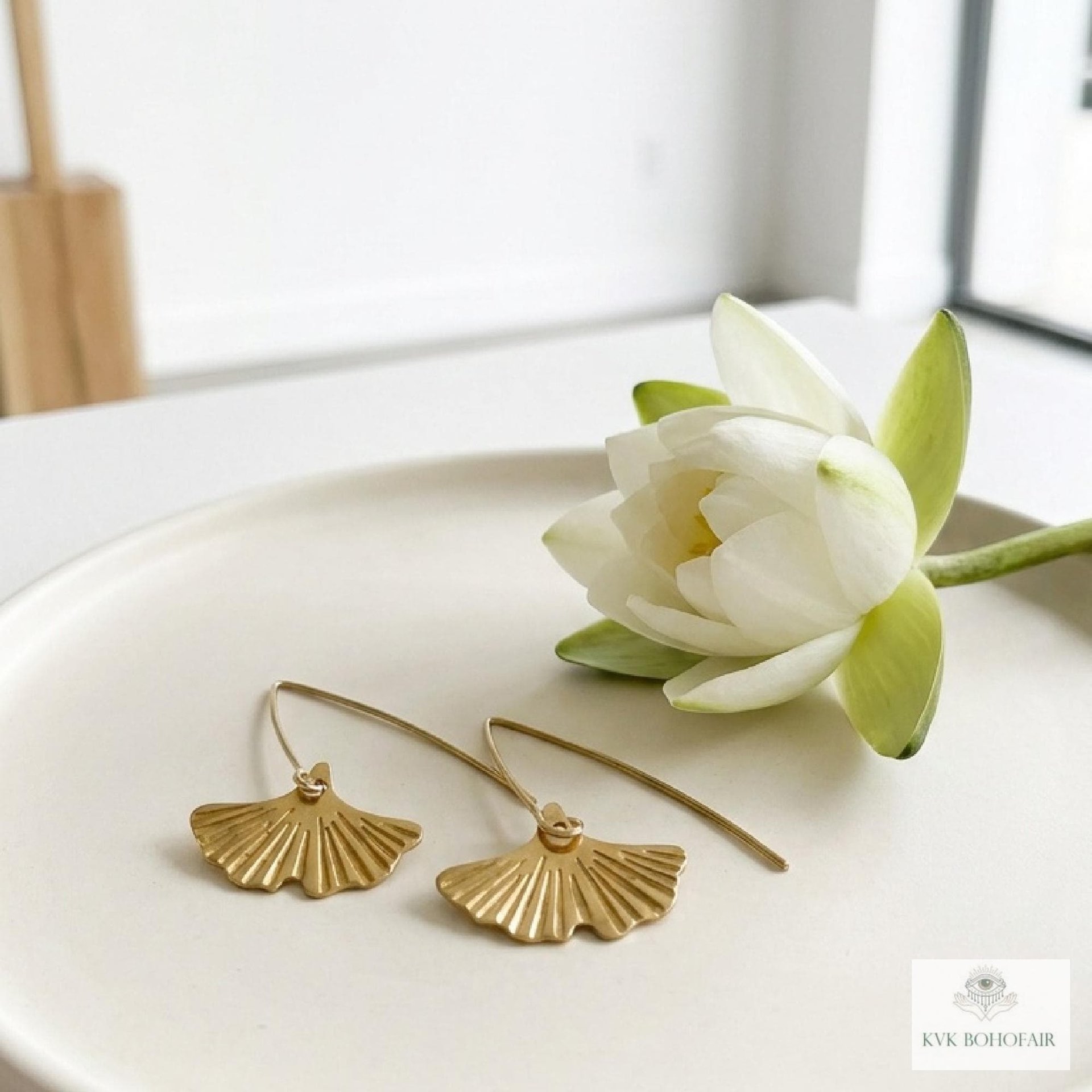 Handcrafted Brass Lotus Flower Drop Threader Earrings - Botanical Leaf Dangles
