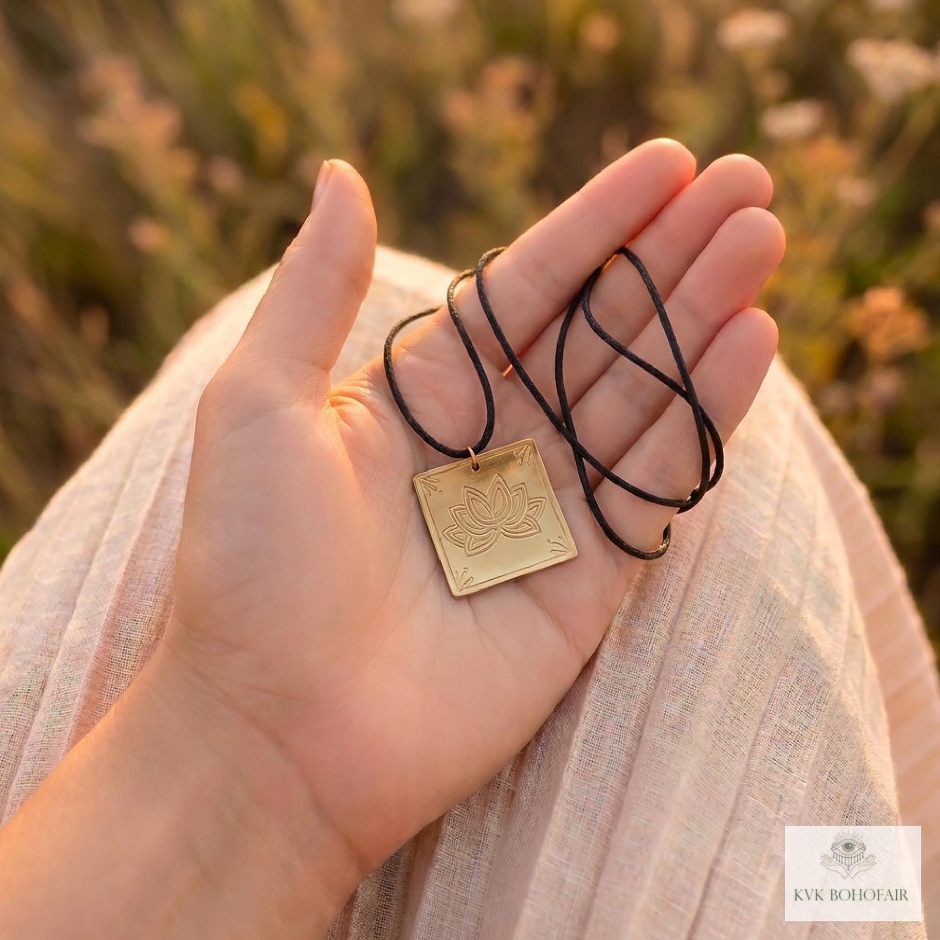 Square Brass Lotus Flower Necklace - Tie Back Minimalist Choker