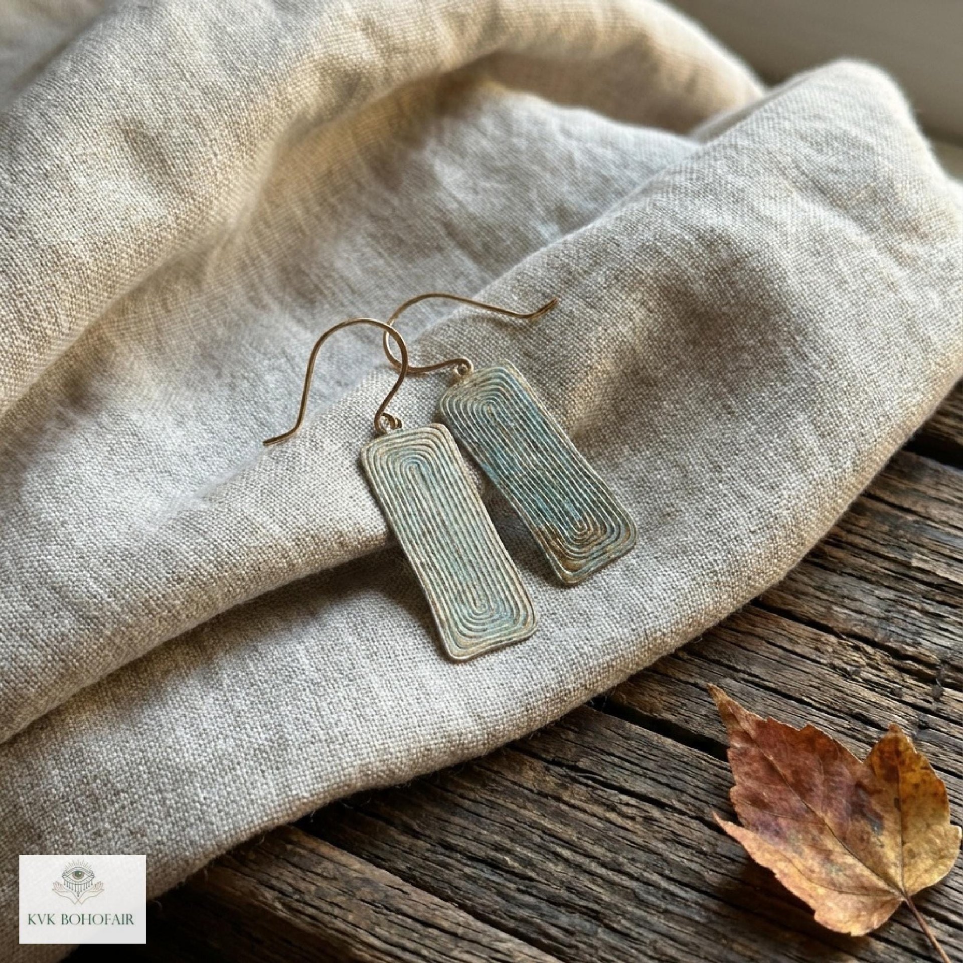 Handcrafted Brass Patina Earrings, Textured Rectangle Dangle Earrings, Rustic Verdigris Boho Jewelry