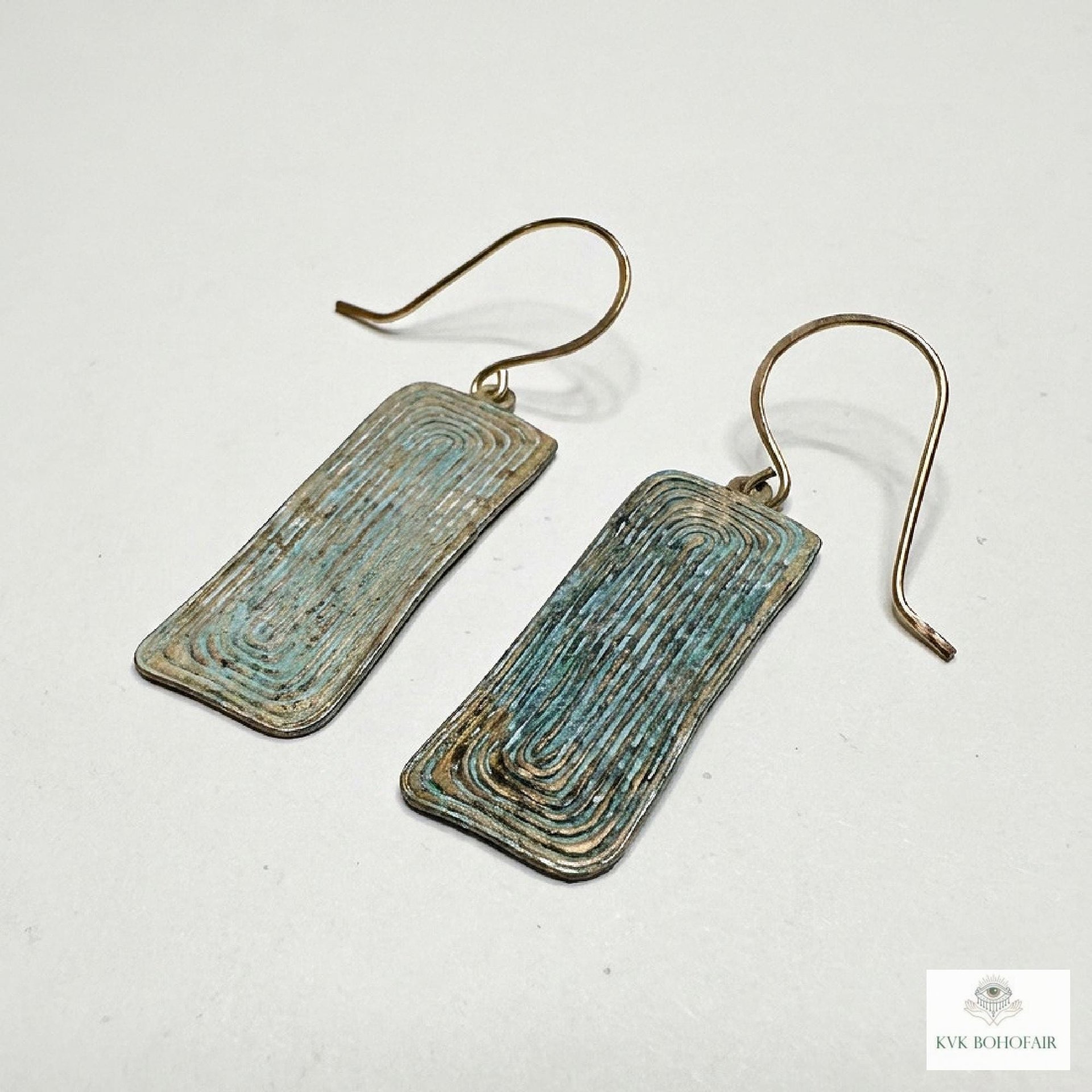 Handcrafted Brass Patina Earrings, Textured Rectangle Dangle Earrings, Rustic Verdigris Boho Jewelry