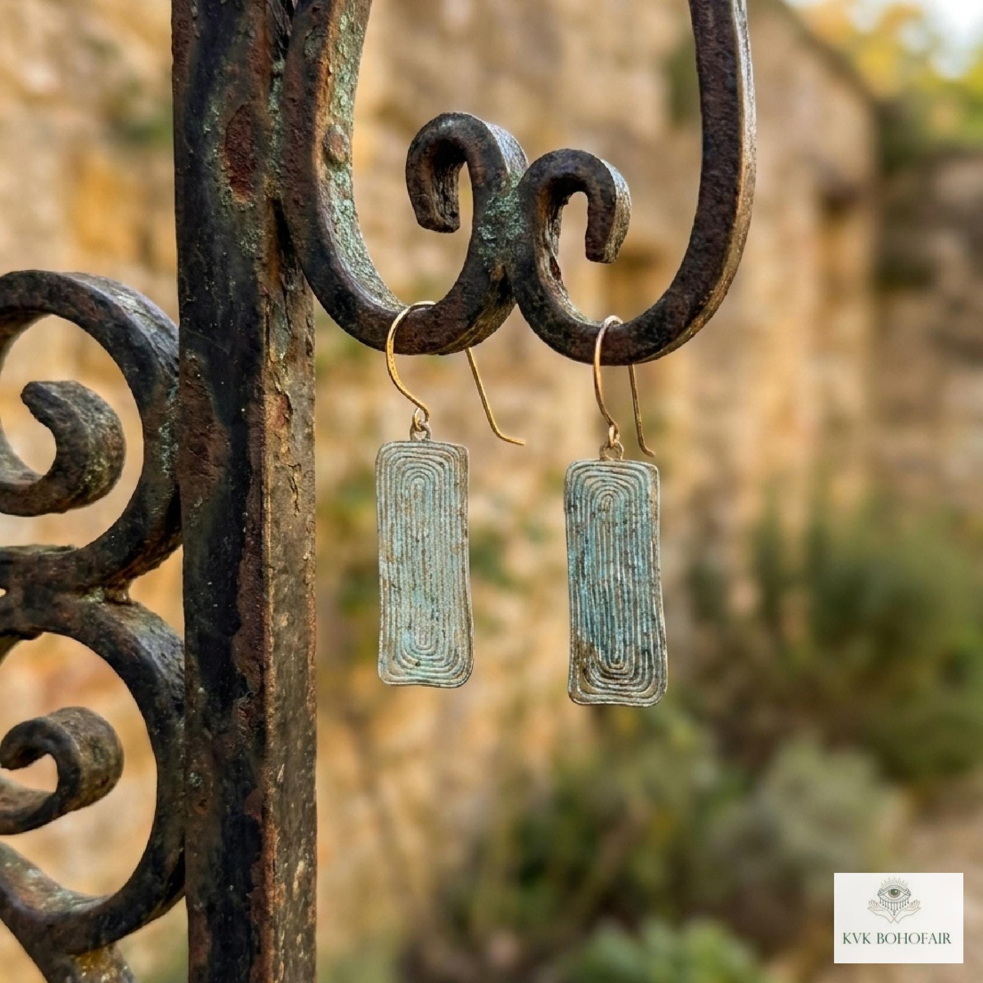 Handcrafted Brass Patina Earrings, Textured Rectangle Dangle Earrings, Rustic Verdigris Boho Jewelry