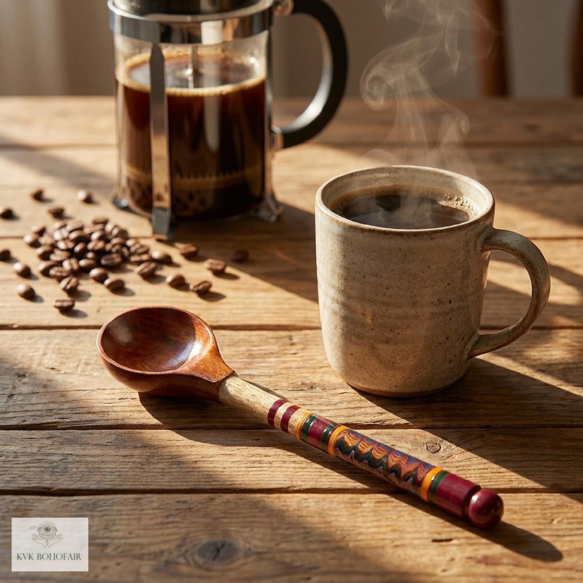 Hand-Turned Lacquerware Wood Spoon - Artisan Handcrafted Serving Scoop - Wooden Coffee Spoon, Colorful Boho Kitchen Decor Gift