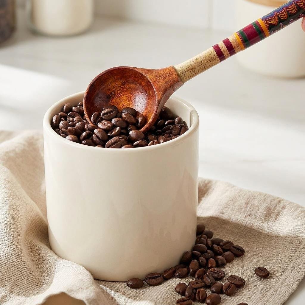Hand-Turned Lacquerware Wood Spoon - Artisan Handcrafted Serving Scoop - Wooden Coffee Spoon, Colorful Boho Kitchen Decor Gift