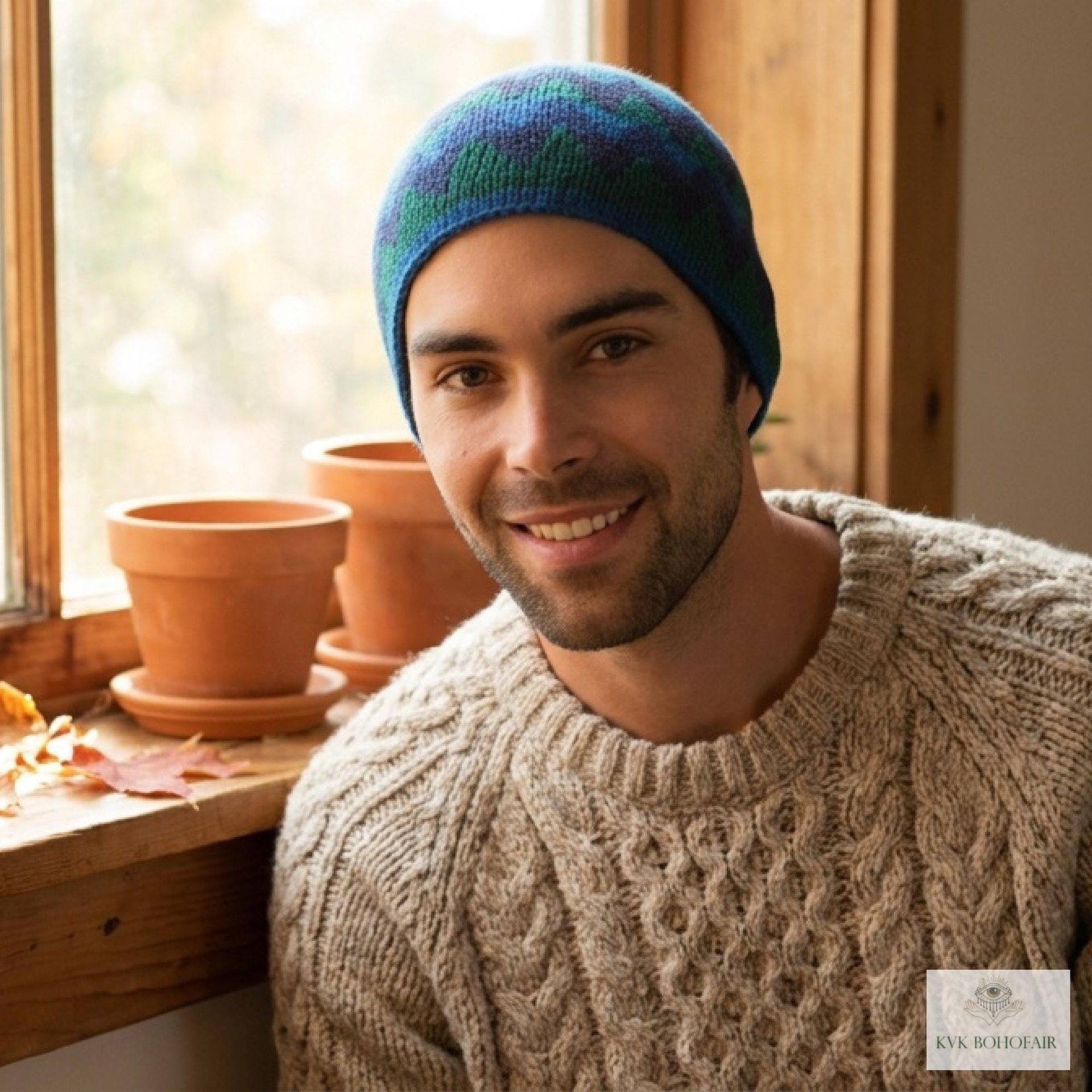 Blue Zig Zag Kufi Skull Cap - Crocheted Beanie Hat, Ethically sourced