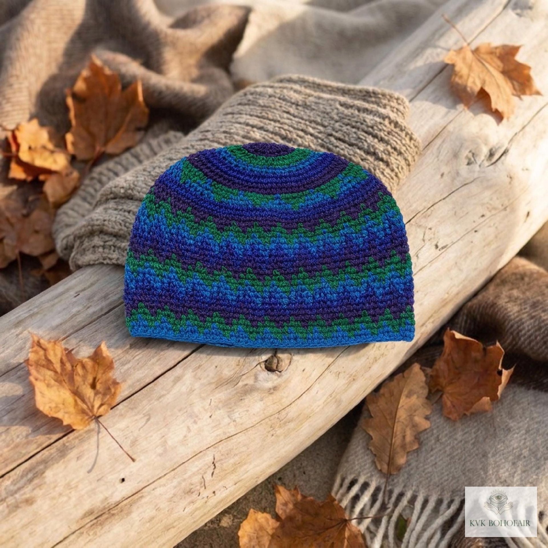 Blue Zig Zag Kufi Skull Cap - Crocheted Beanie Hat, Ethically sourced
