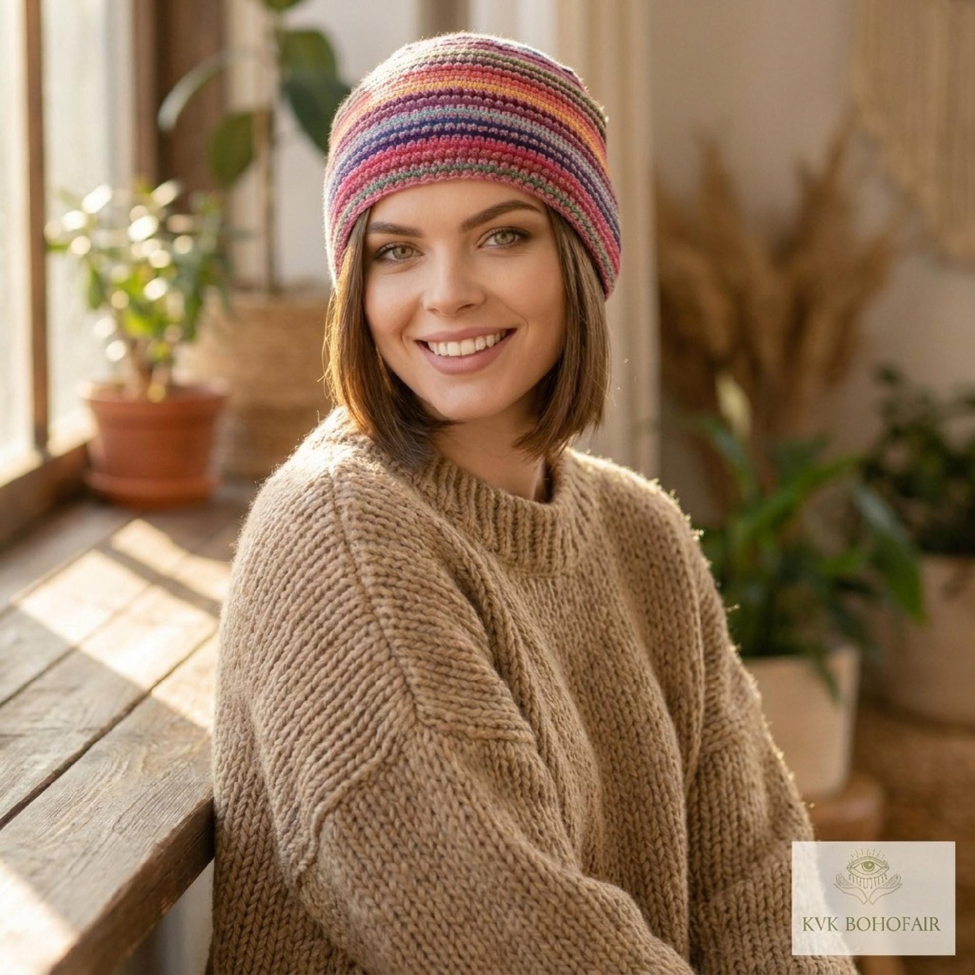 Pink Stripe Kufi Skull Cap - Crocheted Beanie Hat, Ethically sourced