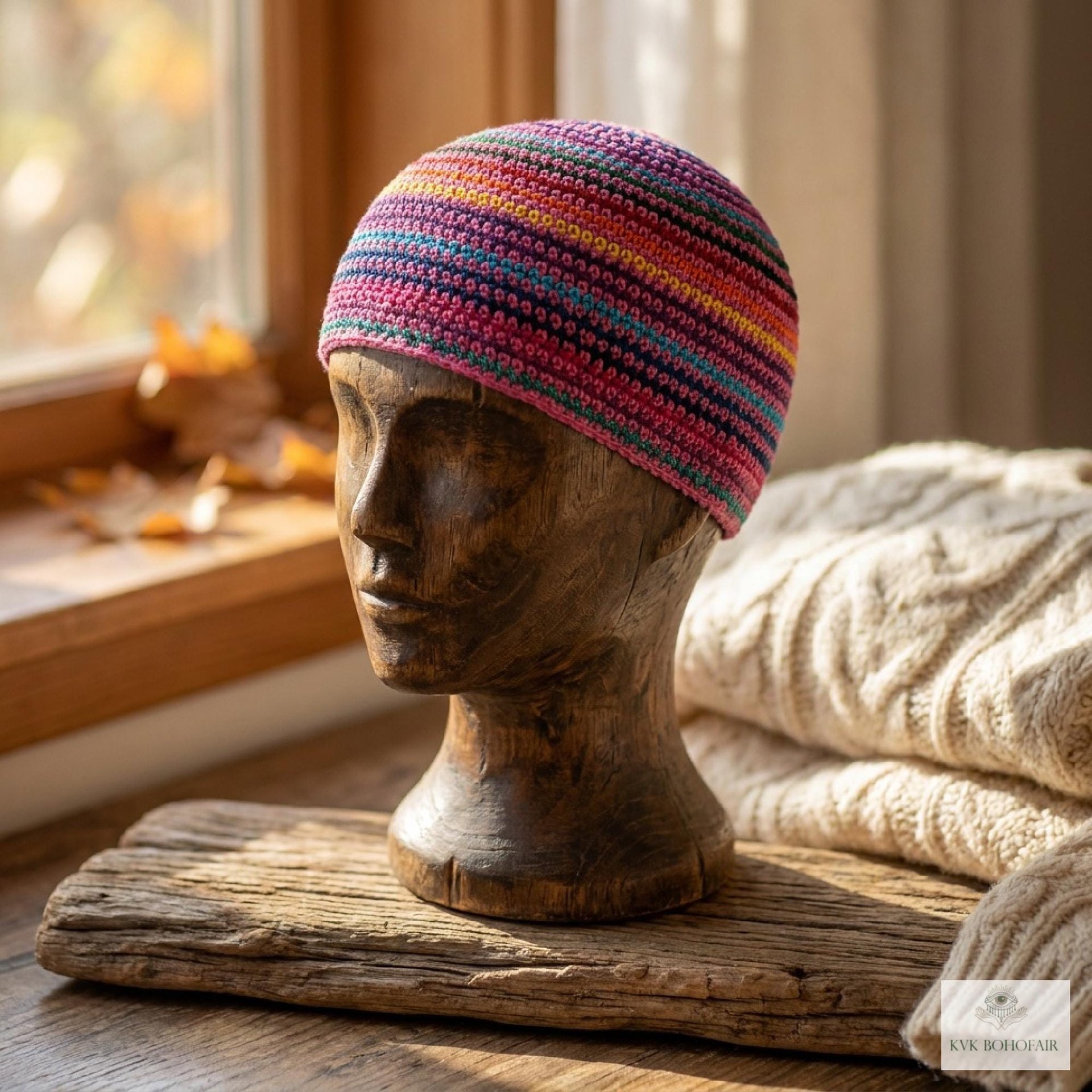 Pink Stripe Kufi Skull Cap - Crocheted Beanie Hat, Ethically sourced