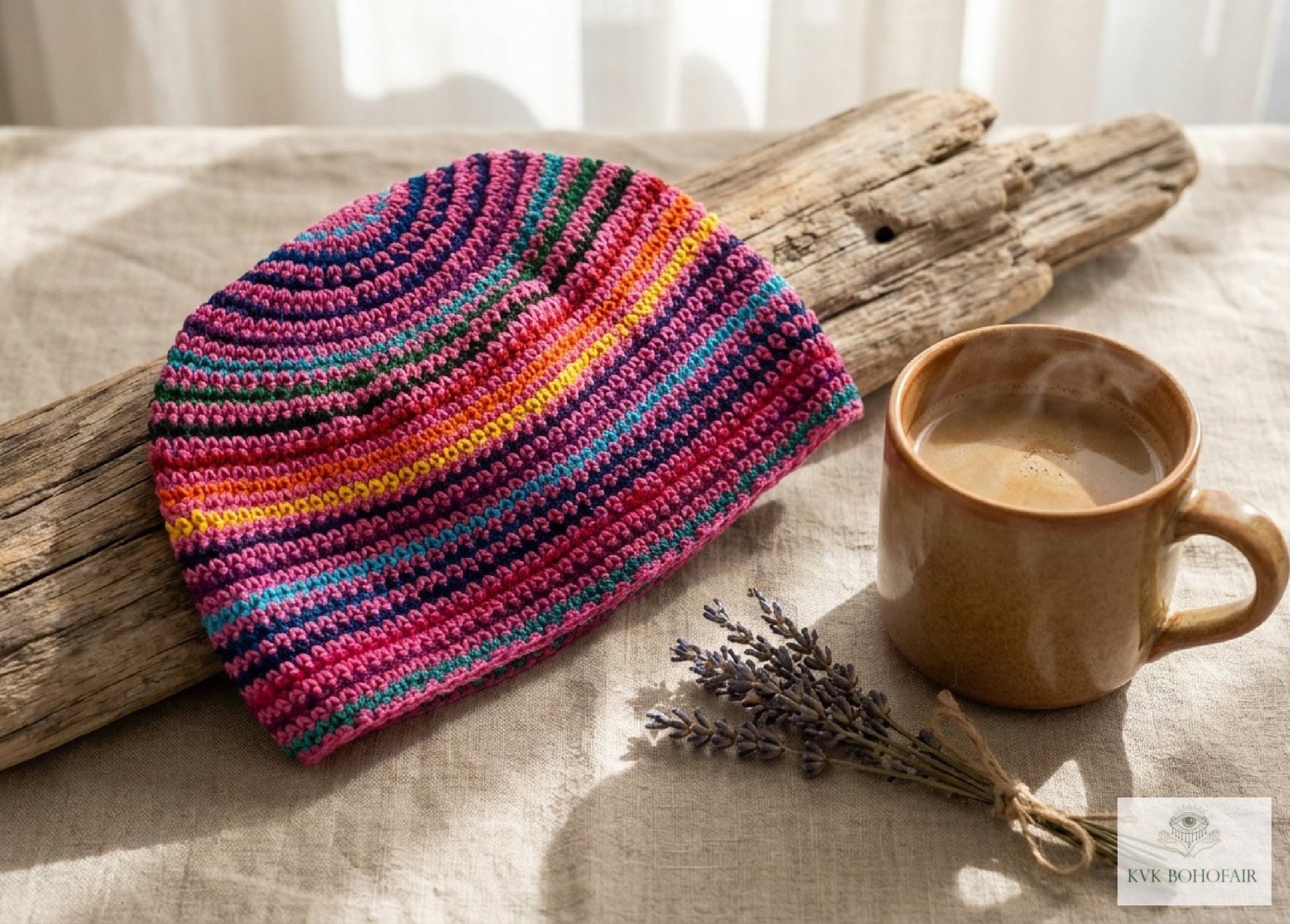 Pink Stripe Kufi Skull Cap - Crocheted Beanie Hat, Ethically sourced