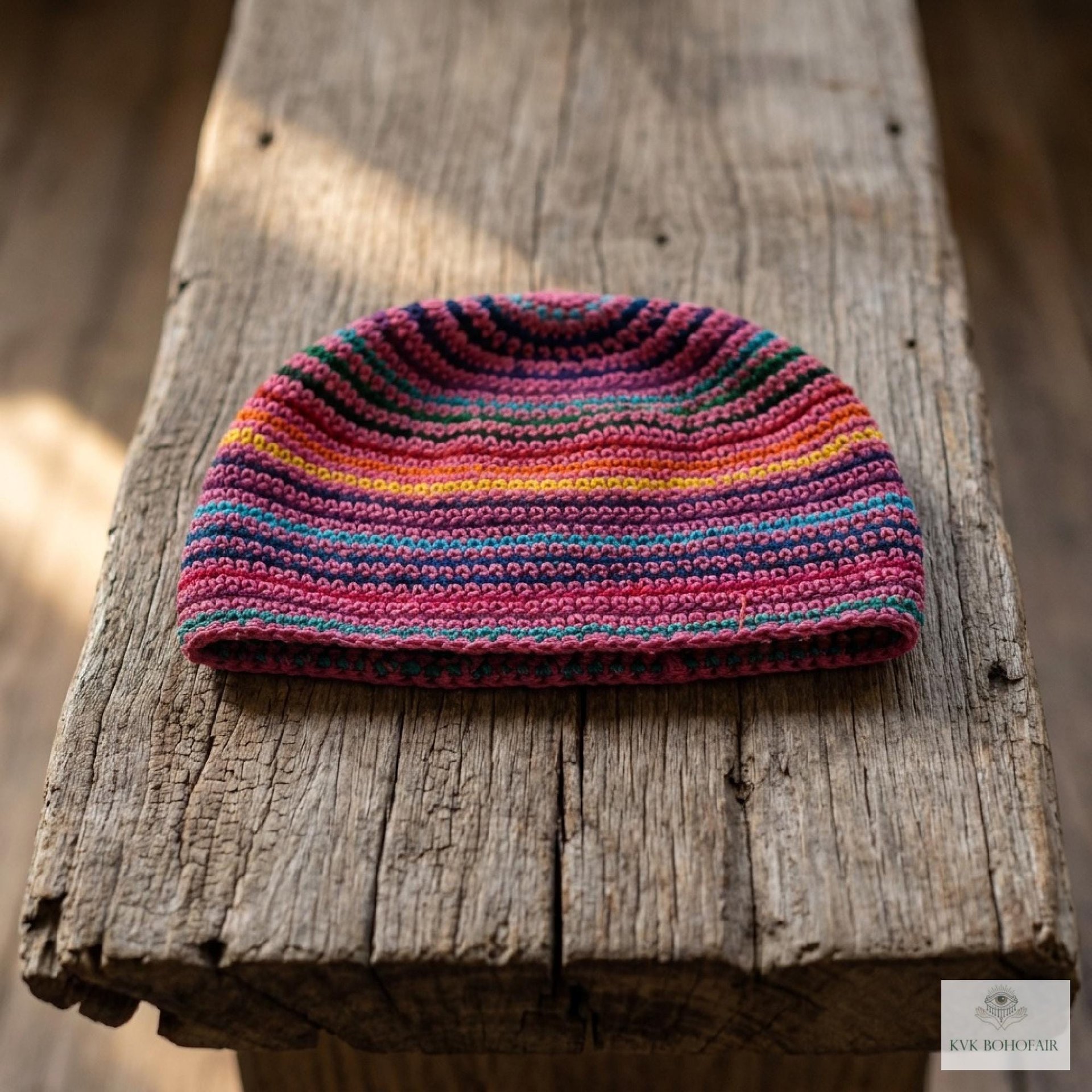 Pink Stripe Kufi Skull Cap - Crocheted Beanie Hat, Ethically sourced
