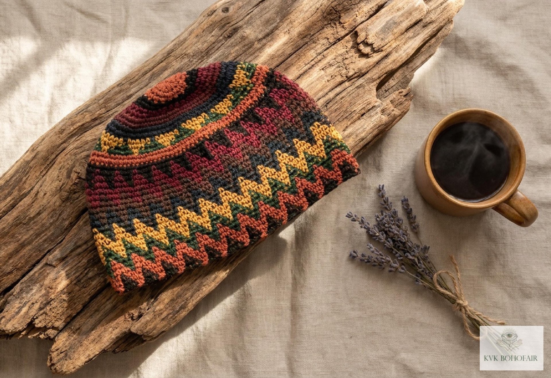 Earth Zig Zag Kufi Skull Cap - Crocheted Beanie Hat, Ethically sourced