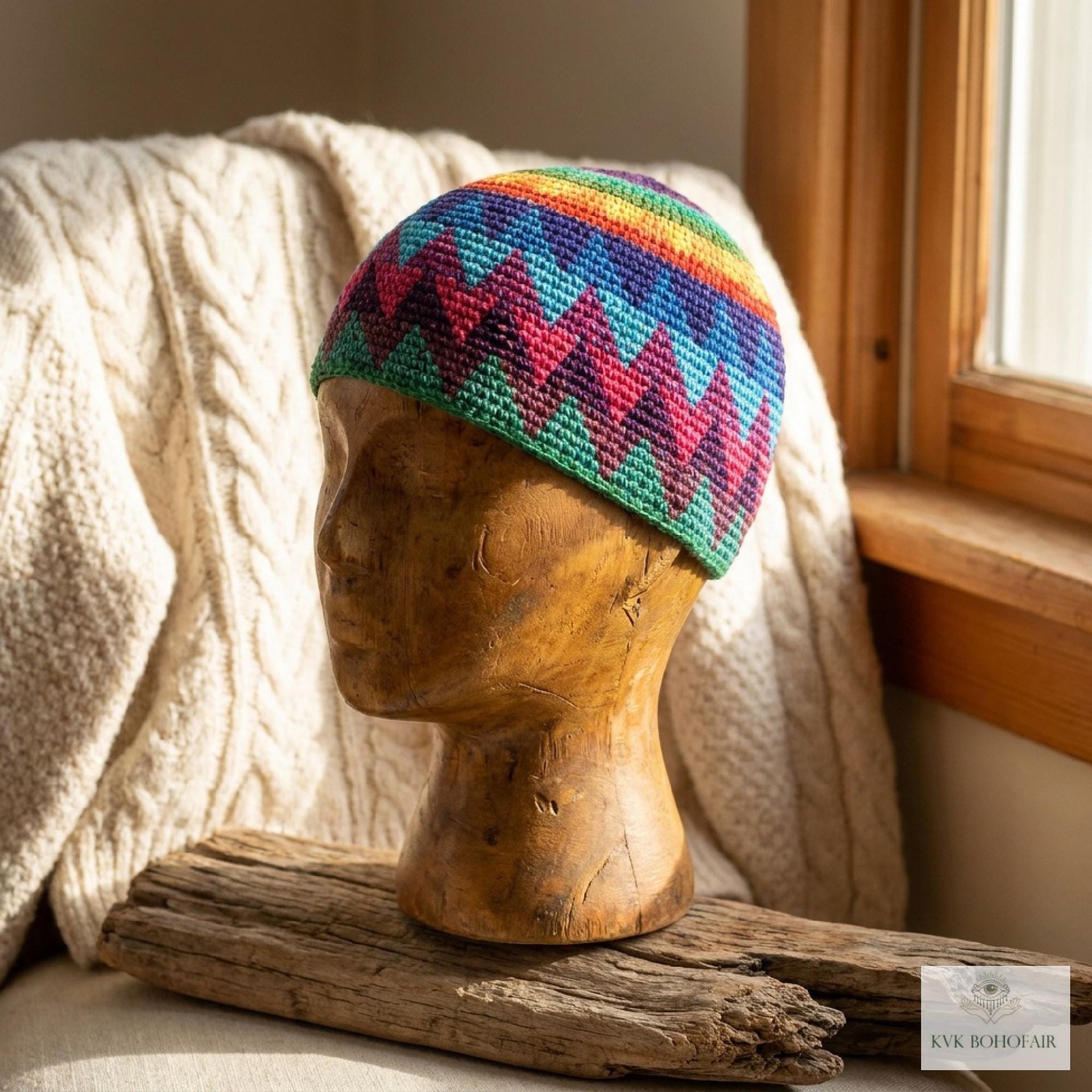 Rainbow Kufi Skull Cap - Crocheted Beanie Hat, Ethically sourced