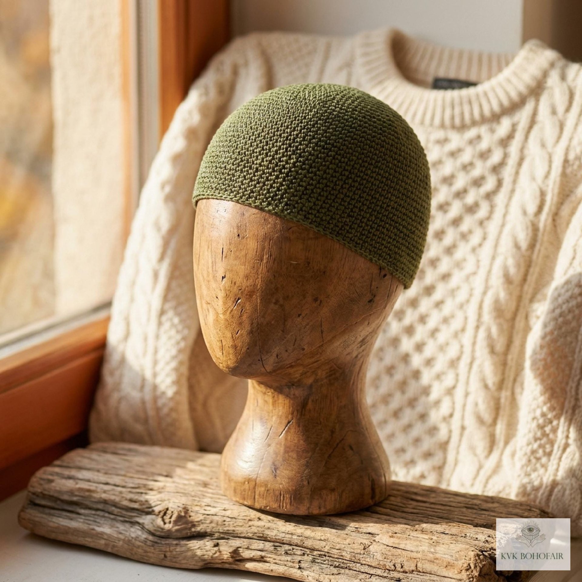 Olive Green Kufi Skull Cap - Crocheted Beanie Hat, Ethically sourced