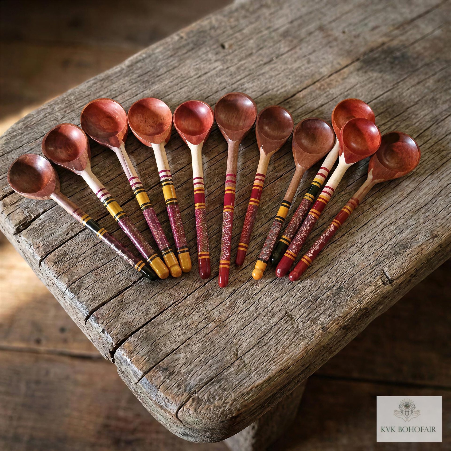 Hand-Turned Lacquerware Wood Spoon - Artisan Handcrafted Serving Scoop - Wooden Coffee Spoon, Colorful Boho Kitchen Decor Gift