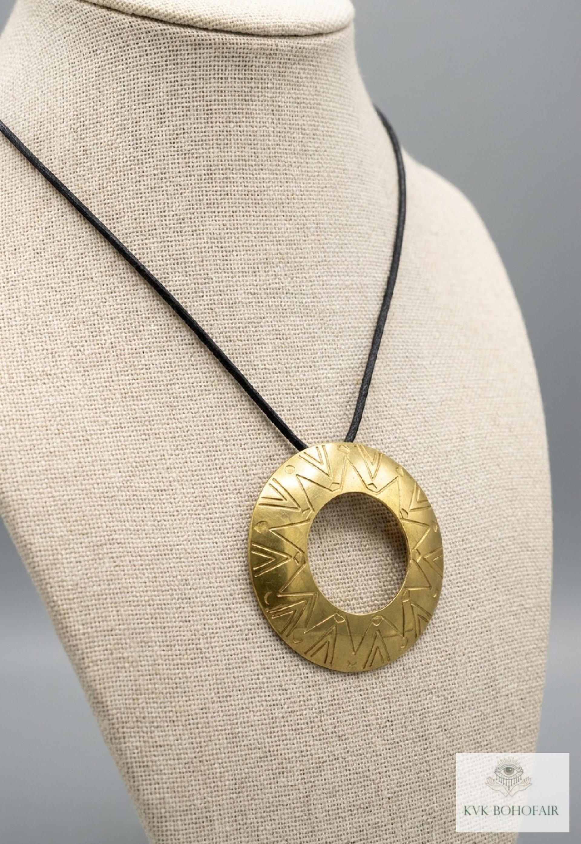 Boho Chic Round Open Ring Brass Statement Pendant - Tie Back Minimalist Choker