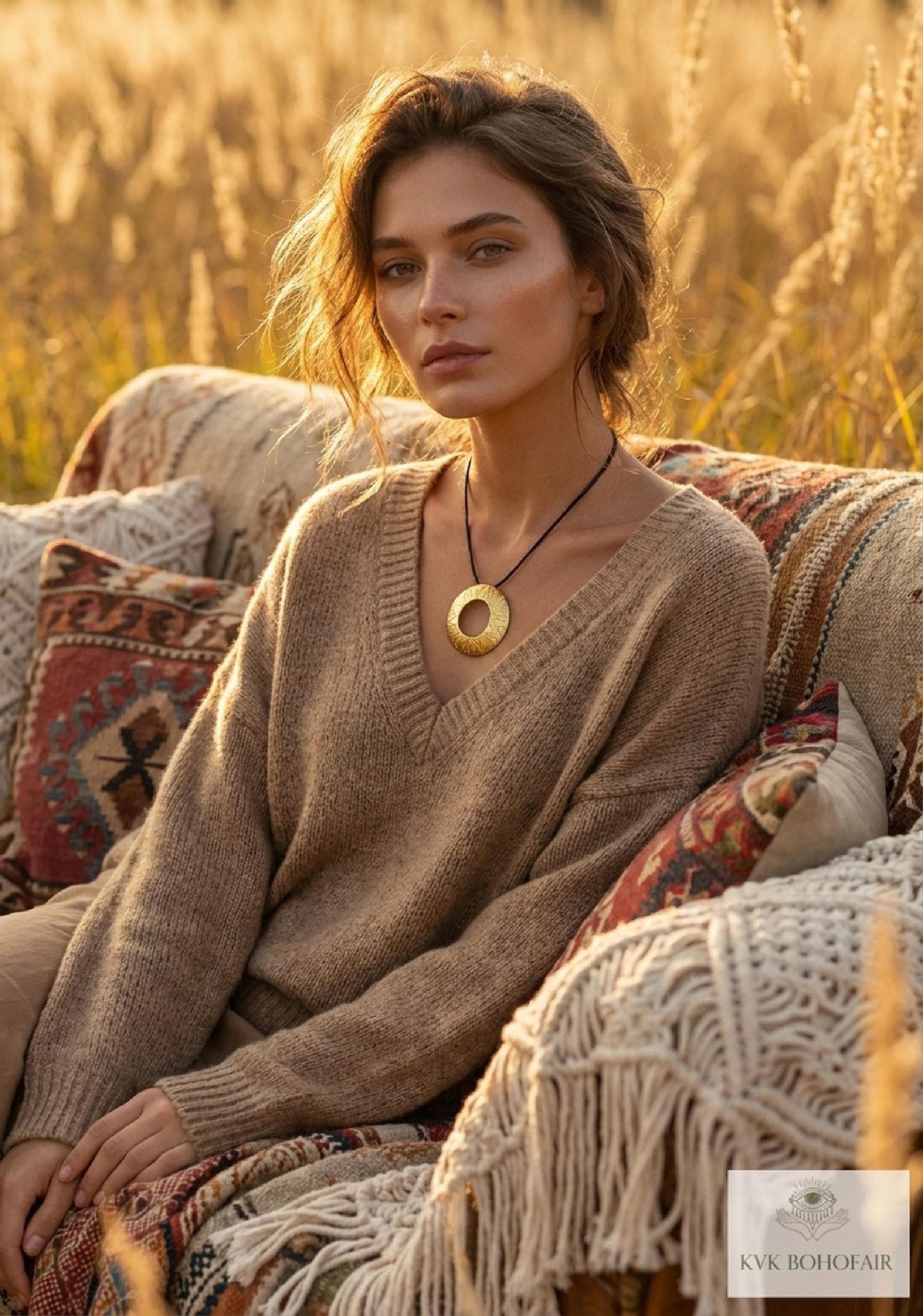 Boho Chic Round Open Ring Brass Statement Pendant - Tie Back Minimalist Choker